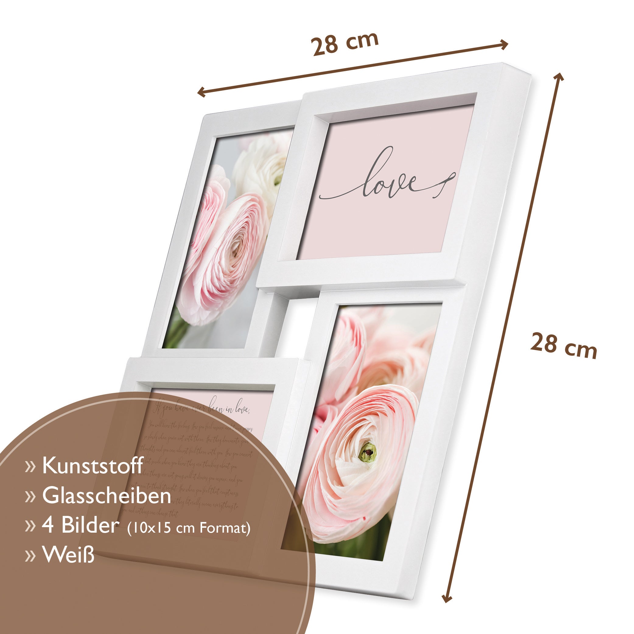 Wackadoo Bilderrahmen Collage weiß für 4 Bilder aus Kunststoff mit Glasscheiben