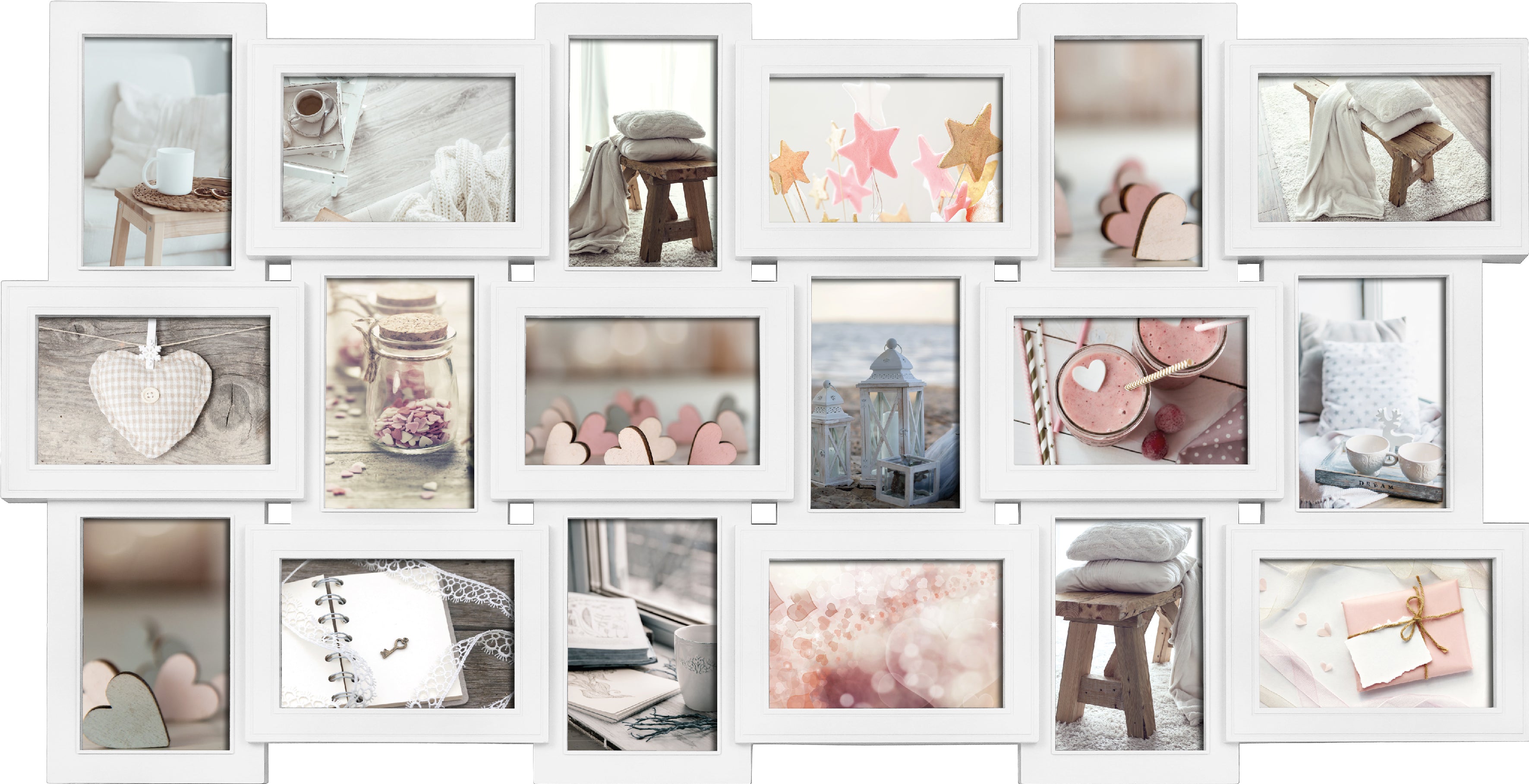 Wackadoo Bilderrahmen Collage weiß für 18 Fotos aus Kunststoff mit Glasscheiben