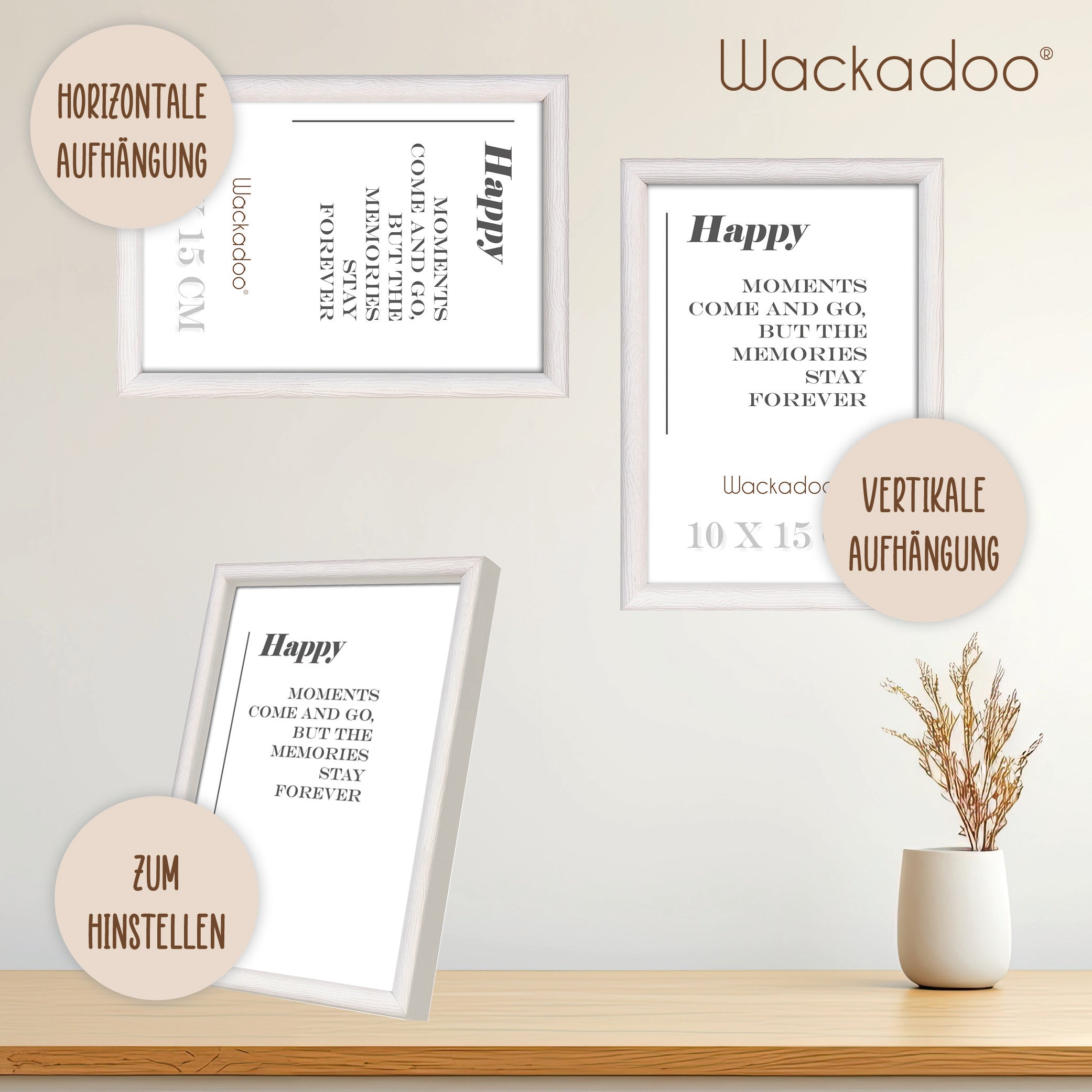 NEU Wackadoo Bilderrahmen 3er Set HAPPY Weiss aus MDF Holz für Poster und Fotowände mit Glasscheibe