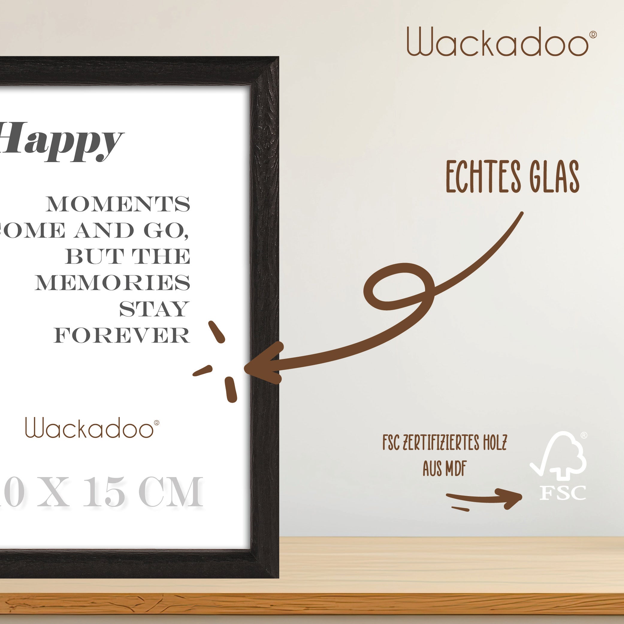 NEU Wackadoo Bilderrahmen 3er Set HAPPY Schwarz aus MDF Holz für Poster und Fotowände mit Glasscheibe