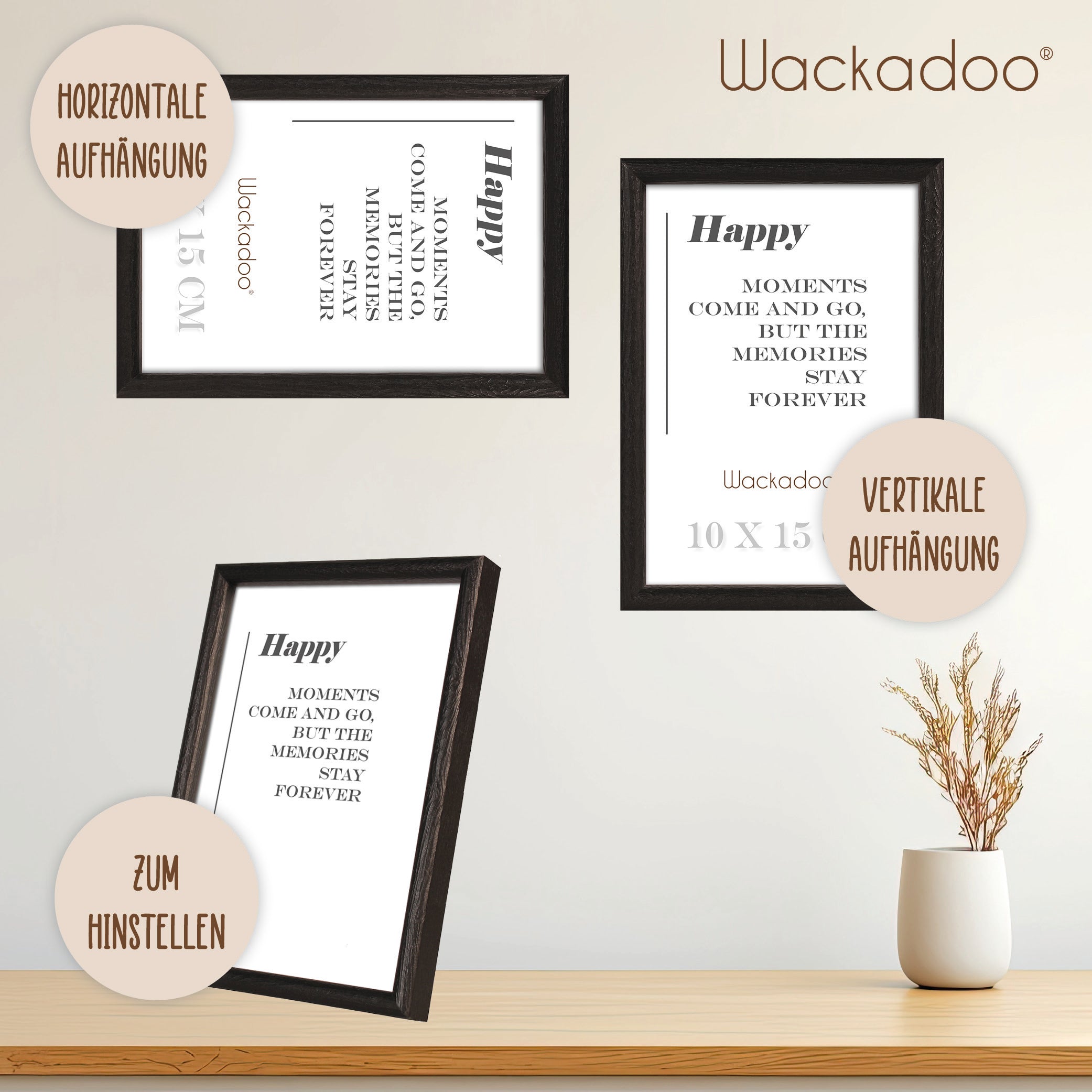 NEU Wackadoo Bilderrahmen 3er Set HAPPY Schwarz aus MDF Holz für Poster und Fotowände mit Glasscheibe