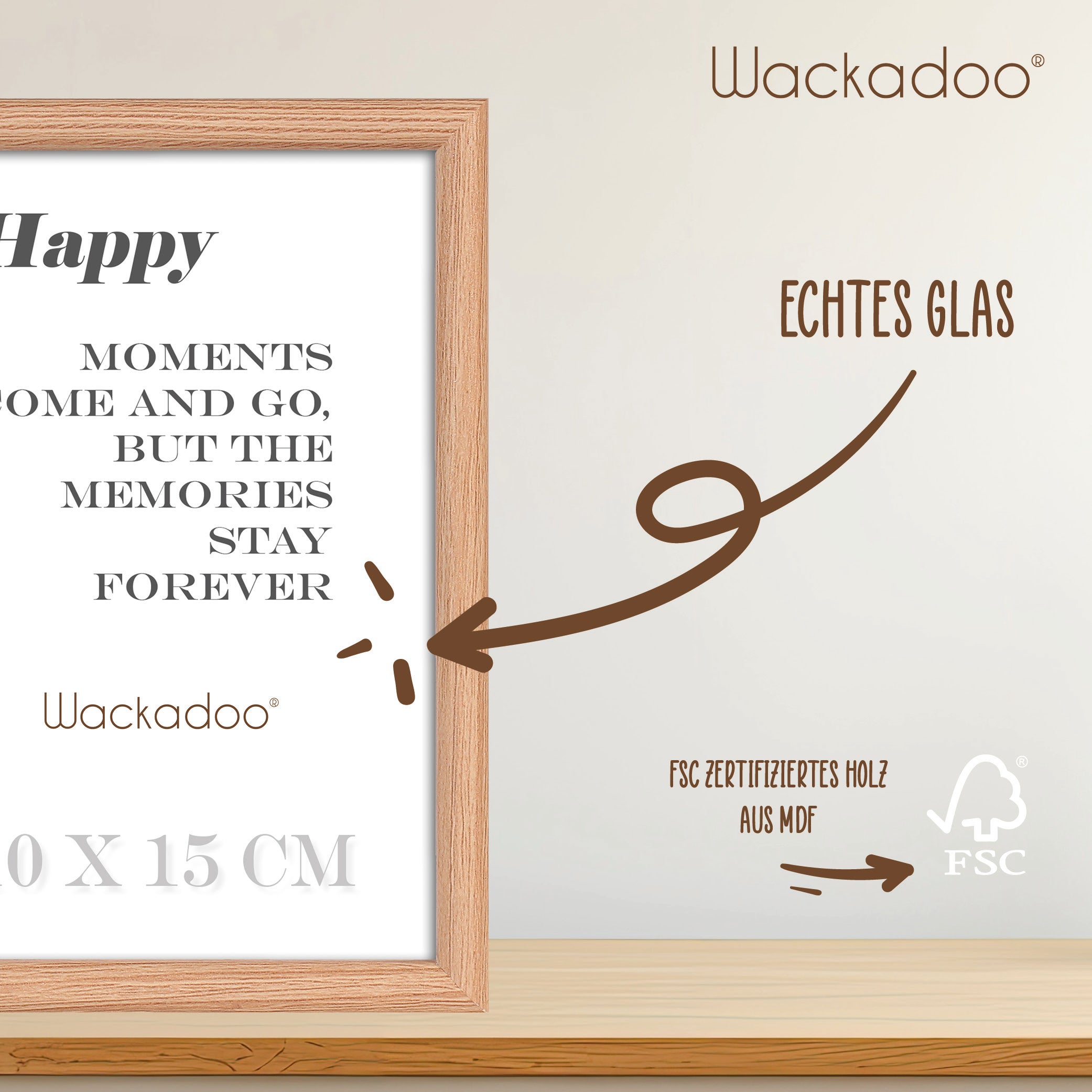 NEU Wackadoo Bilderrahmen 3er Set HAPPY Eiche aus MDF Holz für Poster und Fotowände mit Glasscheibe