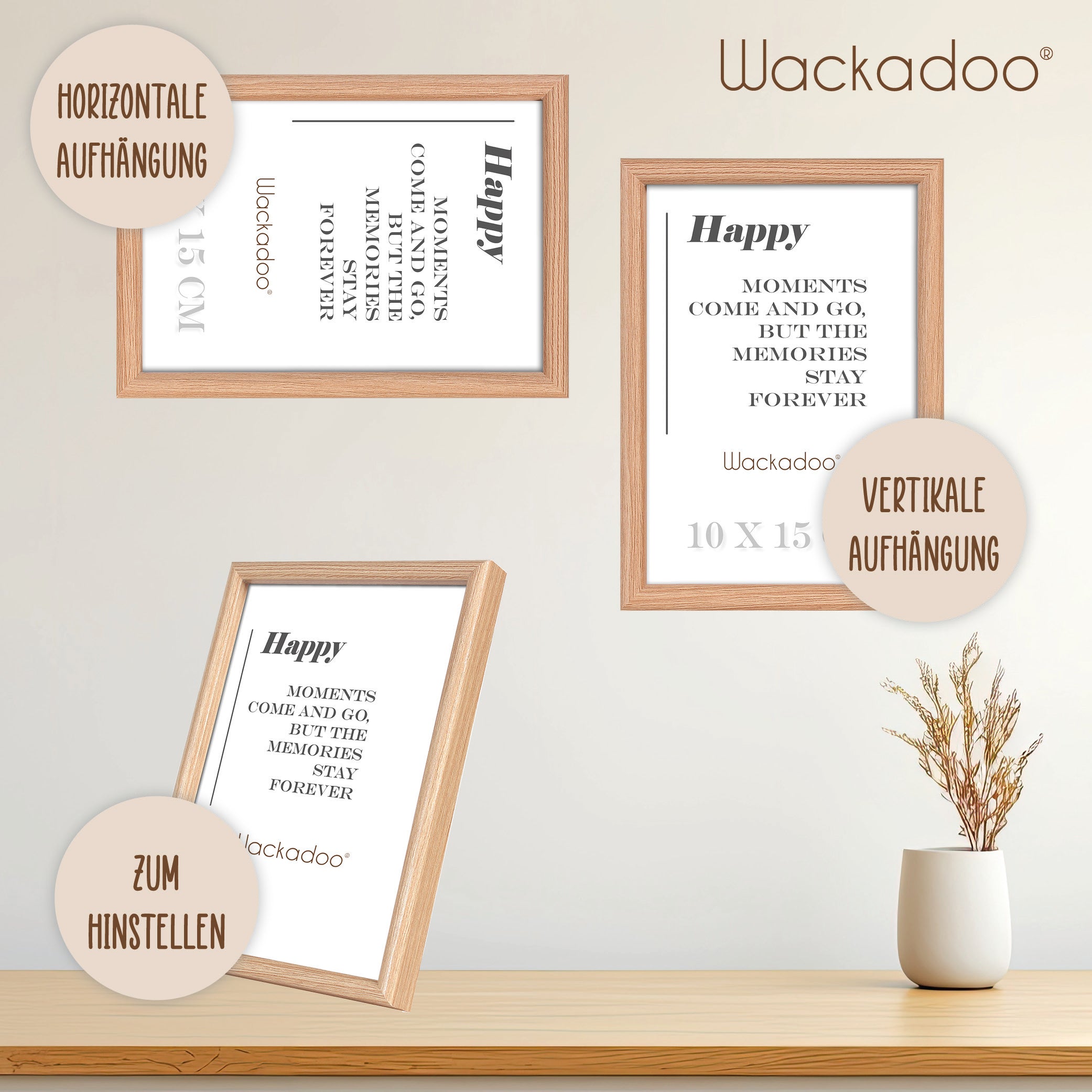 NEU Wackadoo Bilderrahmen 3er Set HAPPY Eiche aus MDF Holz für Poster und Fotowände mit Glasscheibe