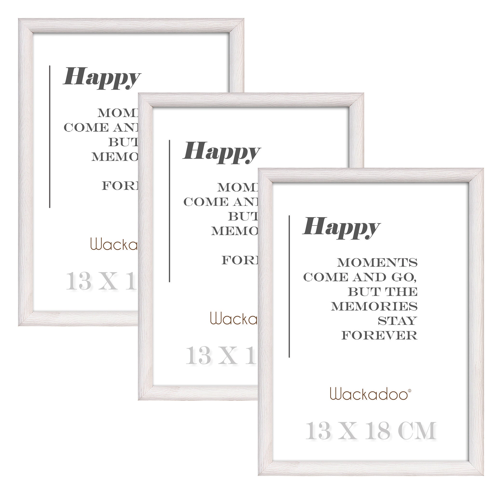 NEU Wackadoo Bilderrahmen 3er Set HAPPY Weiss aus MDF Holz für Poster und Fotowände mit Glasscheibe