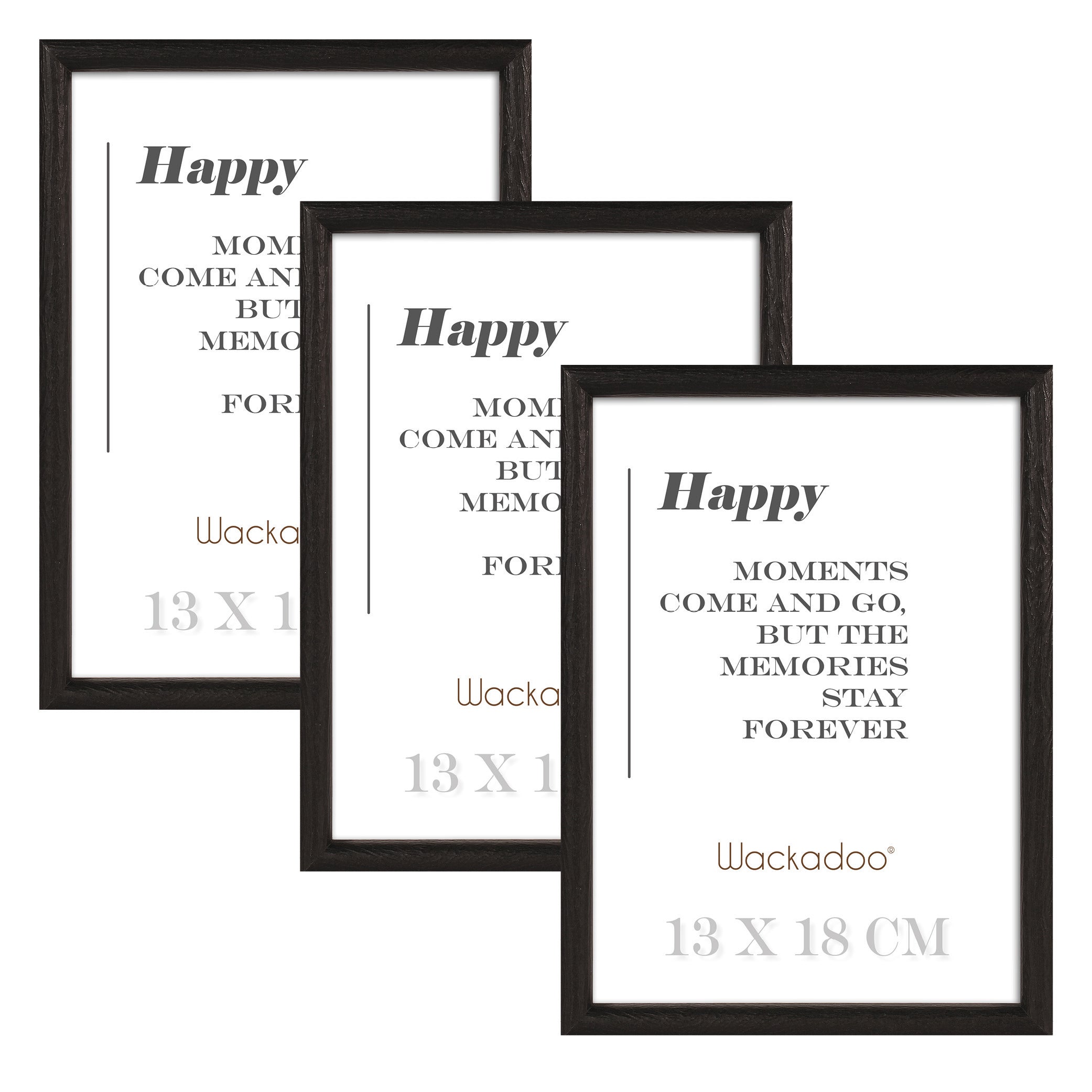NEU Wackadoo Bilderrahmen 3er Set HAPPY Schwarz aus MDF Holz für Poster und Fotowände mit Glasscheibe