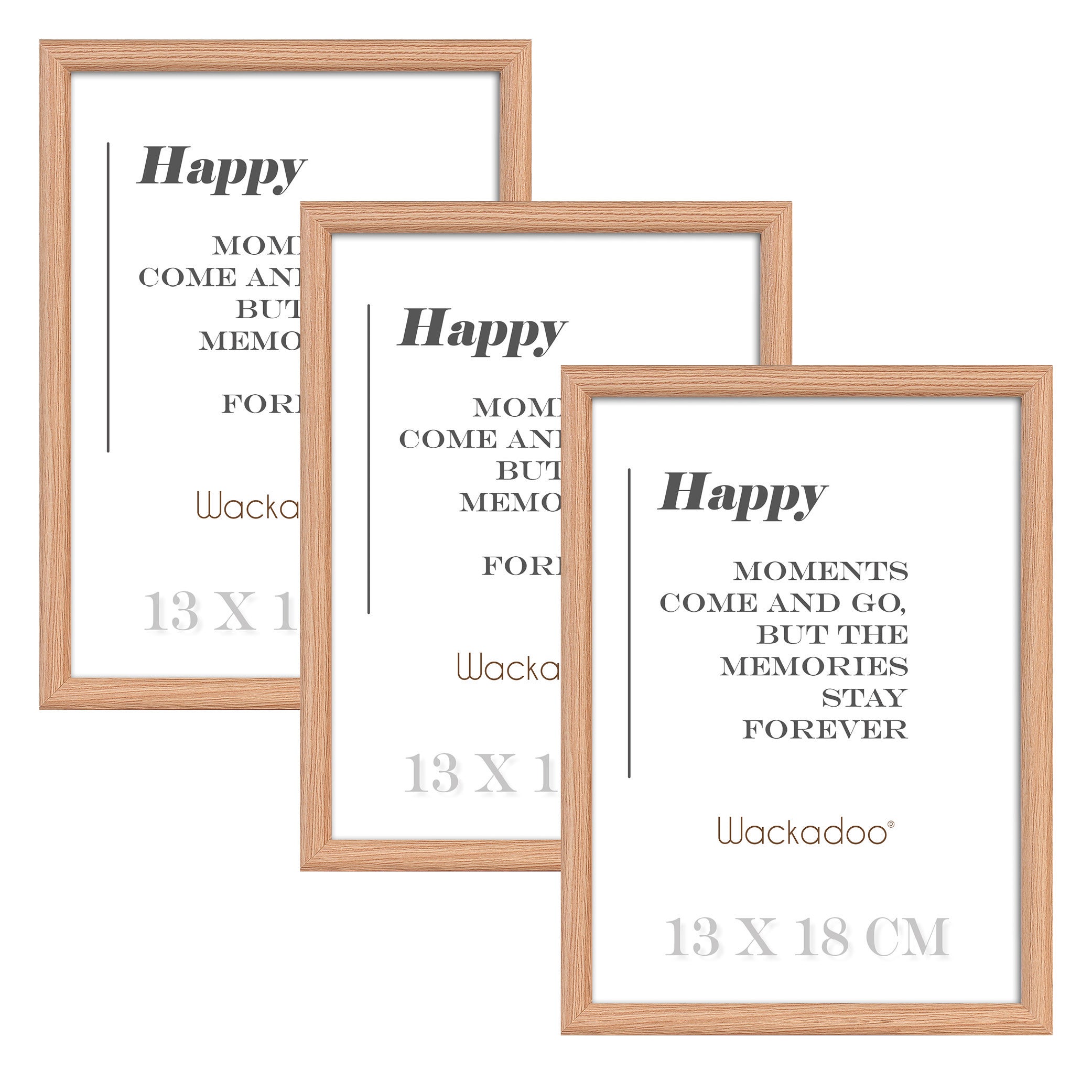 NEU Wackadoo Bilderrahmen 3er Set HAPPY Eiche aus MDF Holz für Poster und Fotowände mit Glasscheibe