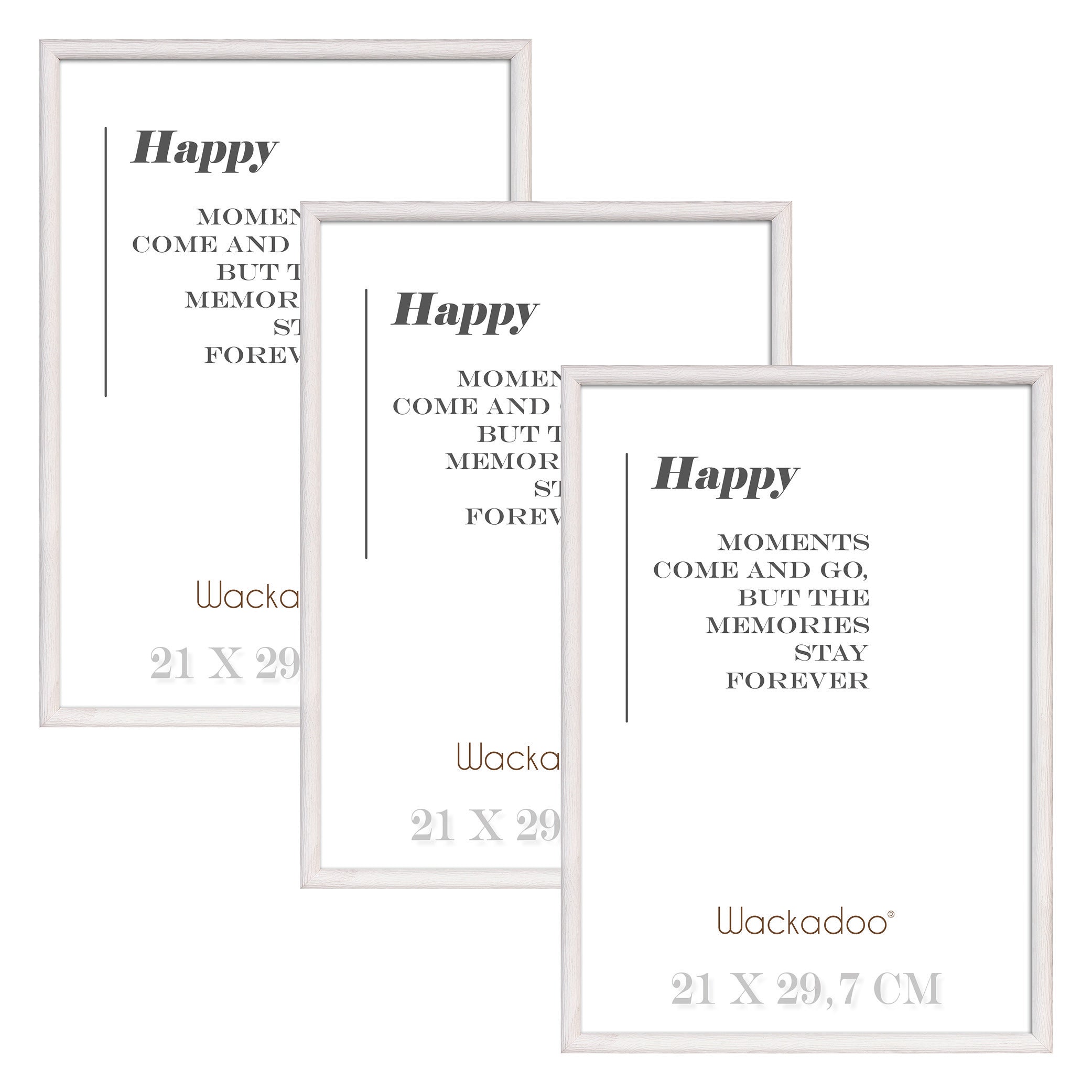 NEU Wackadoo Bilderrahmen 3er Set HAPPY Weiss aus MDF Holz für Poster und Fotowände mit Glasscheibe