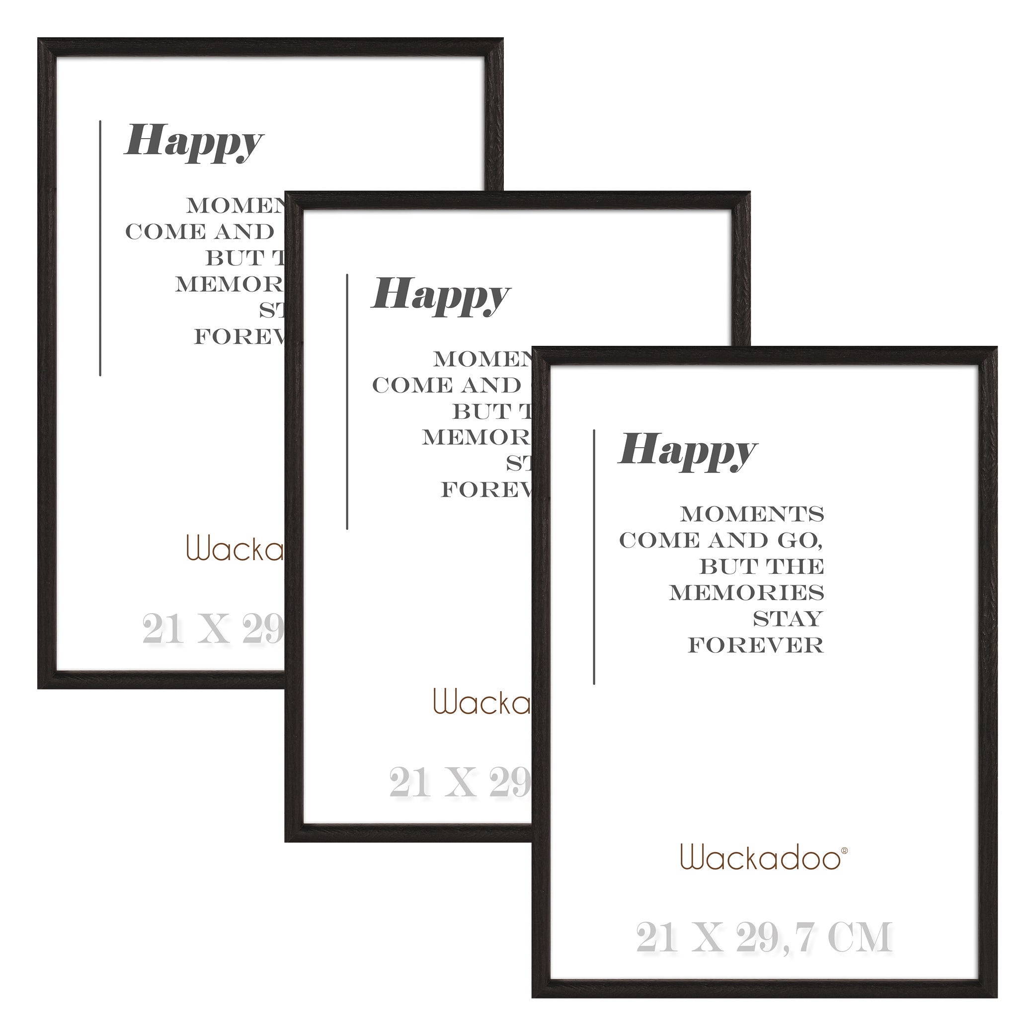 NEU Wackadoo Bilderrahmen 3er Set HAPPY Schwarz aus MDF Holz für Poster und Fotowände mit Glasscheibe