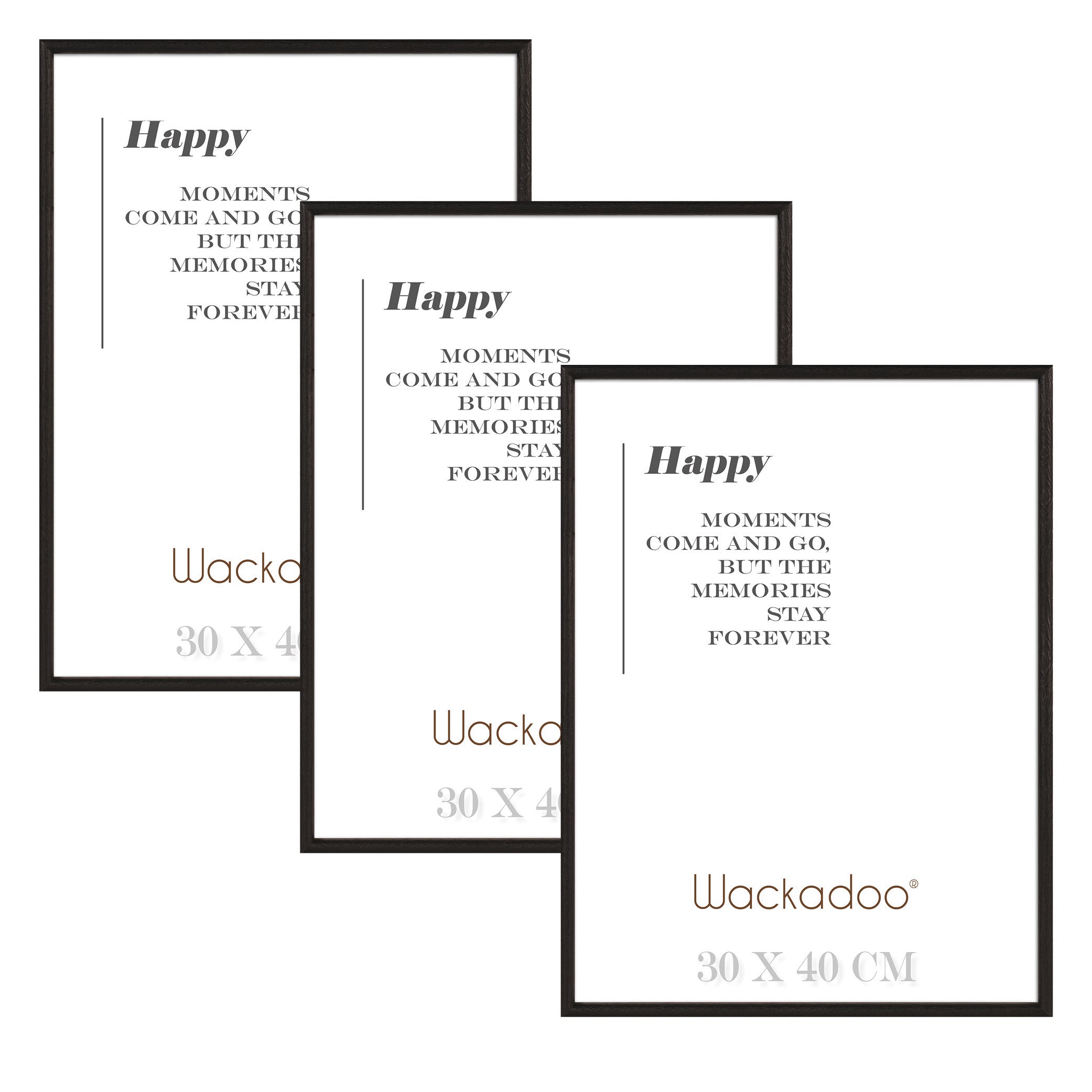 NEU Wackadoo Bilderrahmen 3er Set HAPPY Schwarz aus MDF Holz für Poster und Fotowände mit Glasscheibe