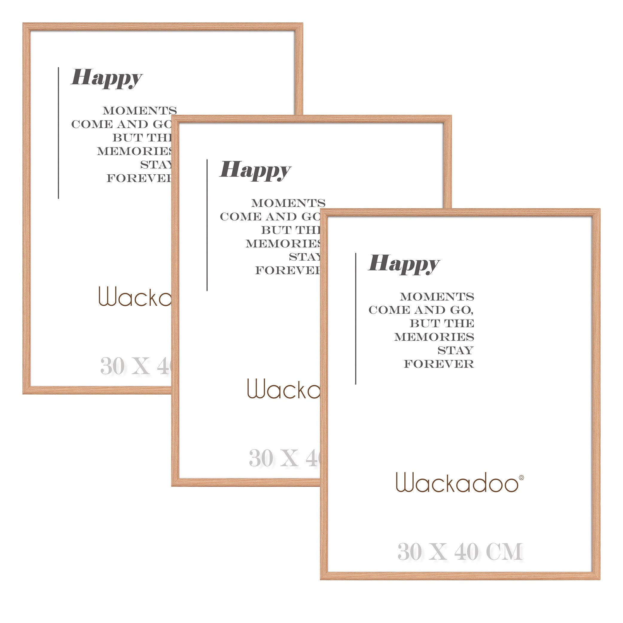 NEU Wackadoo Bilderrahmen 3er Set HAPPY Eiche aus MDF Holz für Poster und Fotowände mit Glasscheibe
