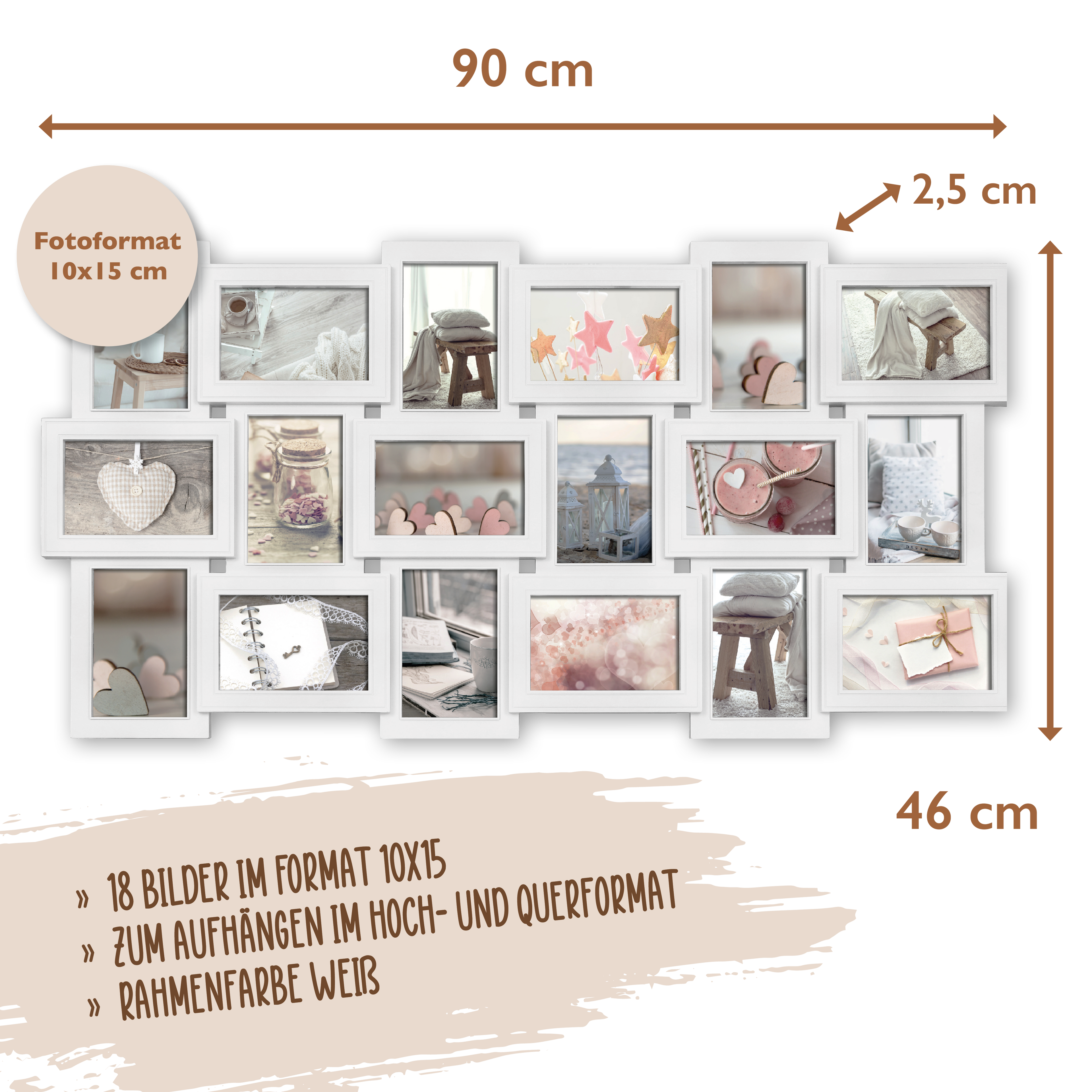 Wackadoo Bilderrahmen Collage weiß für 18 Fotos aus Kunststoff mit Glasscheiben COLLAGERAHMEN