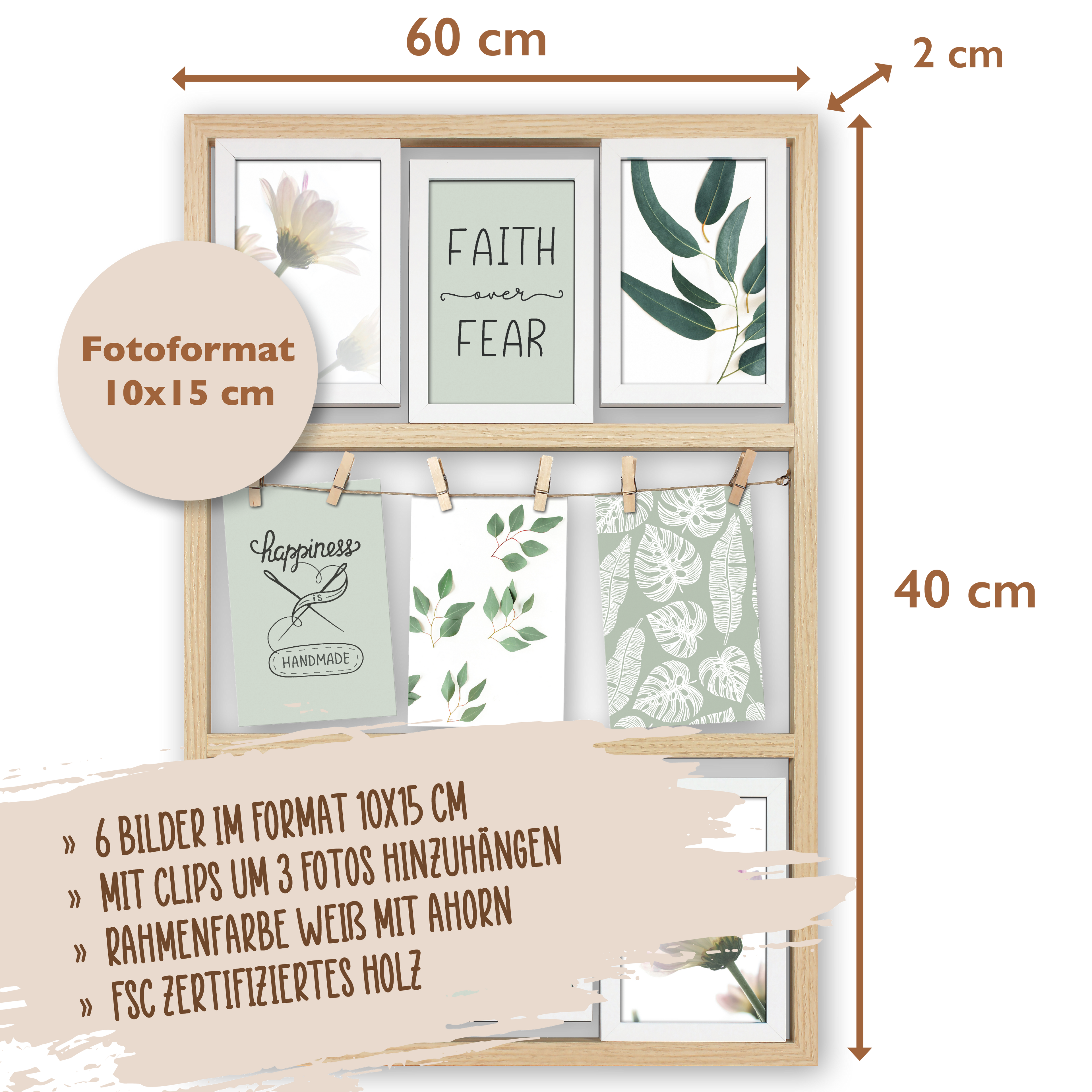 Wackadoo Bilderrahmen Collage für 9 Fotos aus Holz mit Glasscheibe COLLAGERAHMEN