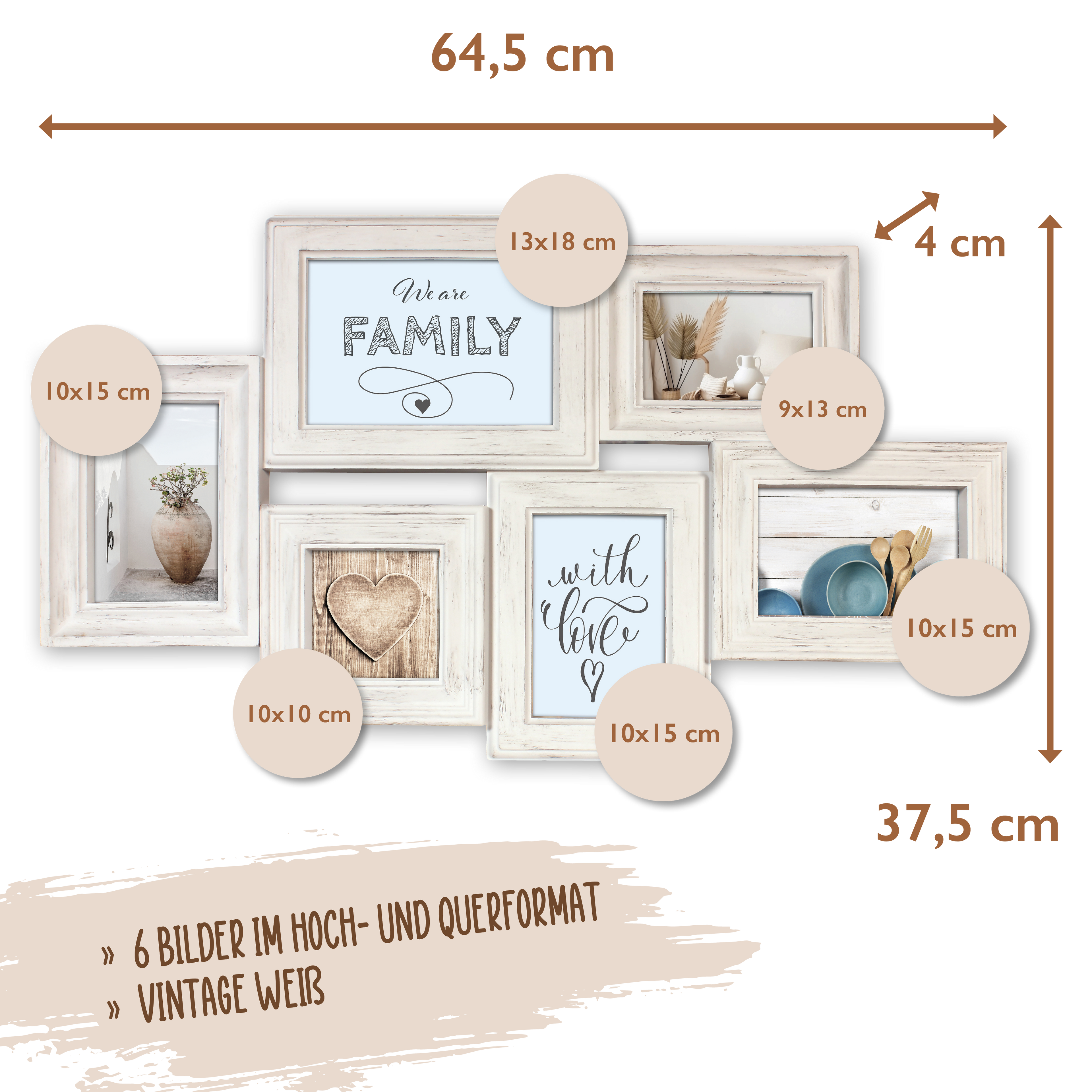 Wackadoo Bilderrahmen Collage weiß für 6 Fotos aus Kunststoff mit Glasscheiben COLLAGERAHMEN