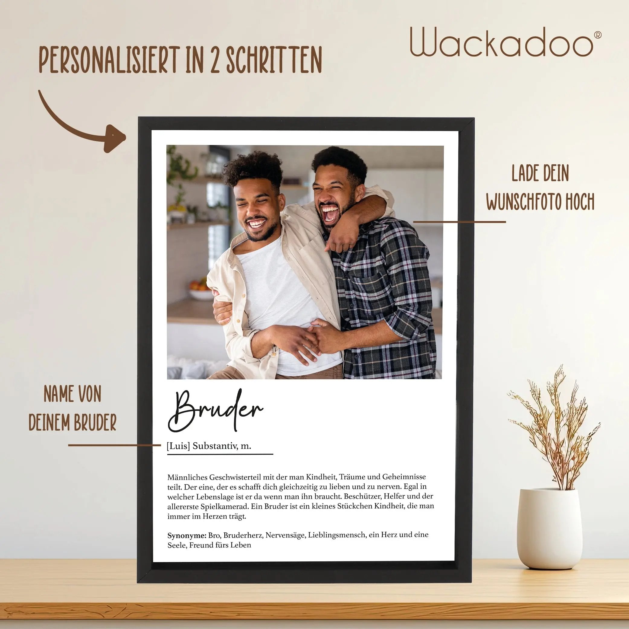 Wackadoo Poster Bruder mit Foto und Namen Personalisiertes Geschenk inklusive Bilderrahmen aus Holz Geschenkideen