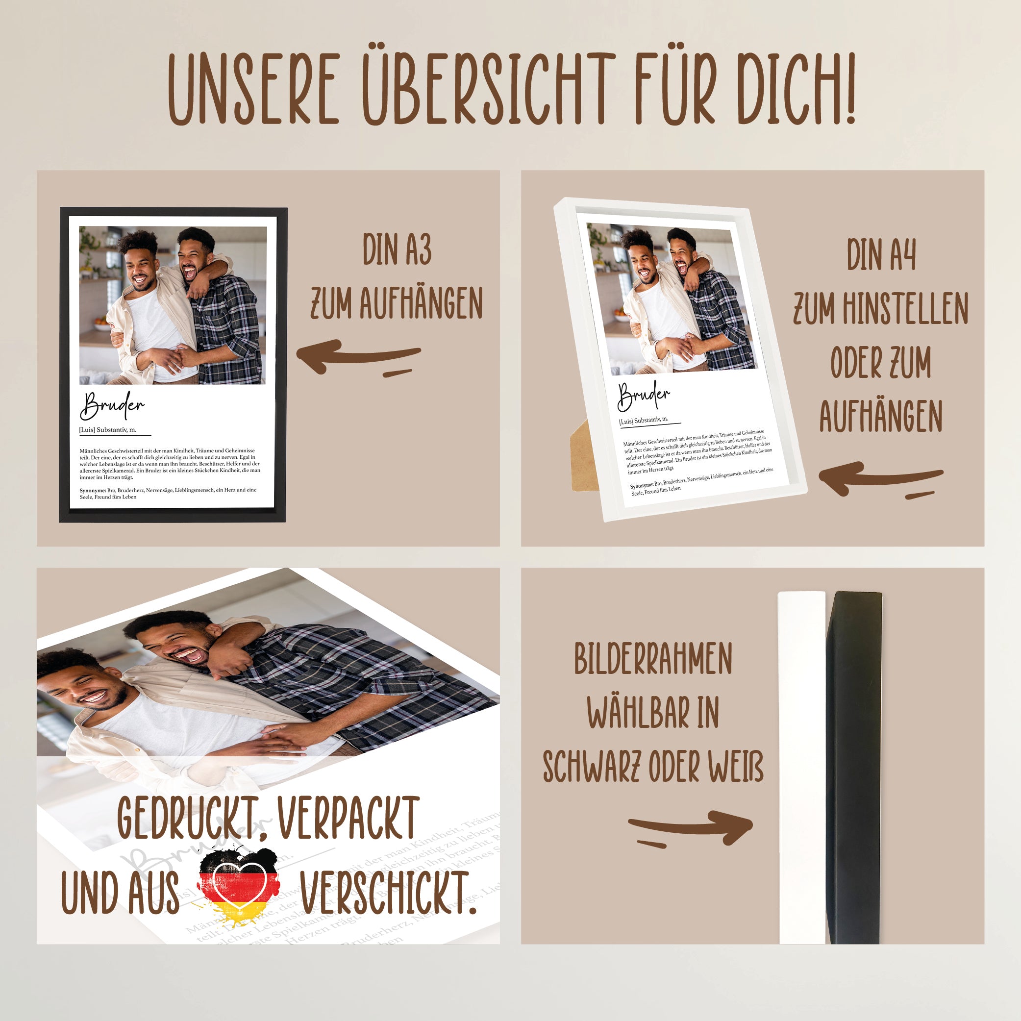 Wackadoo Poster Bruder mit Foto und Namen Personalisiertes Geschenk inklusive Bilderrahmen aus Holz