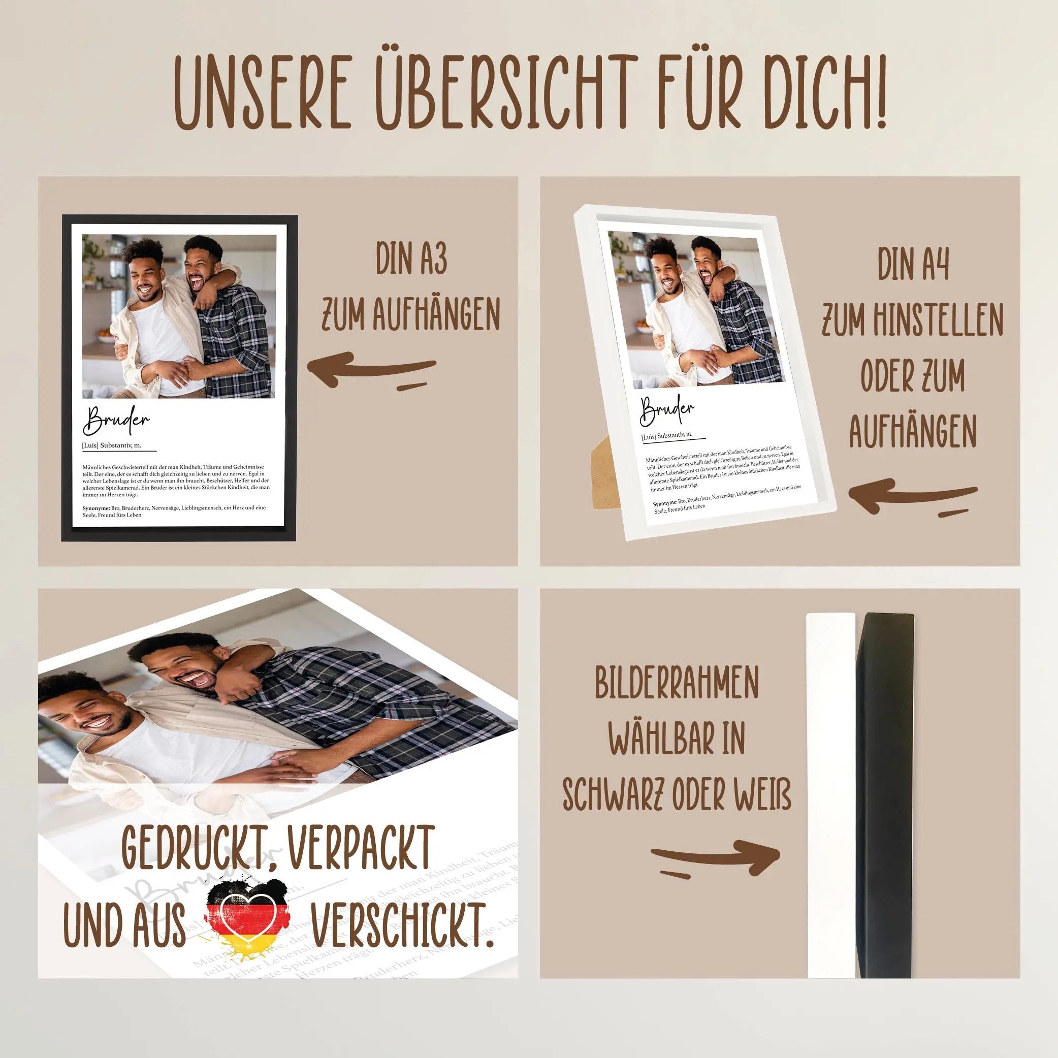 Wackadoo Poster Bruder mit Foto und Namen Personalisiertes Geschenk inklusive Bilderrahmen aus Holz Geschenkideen