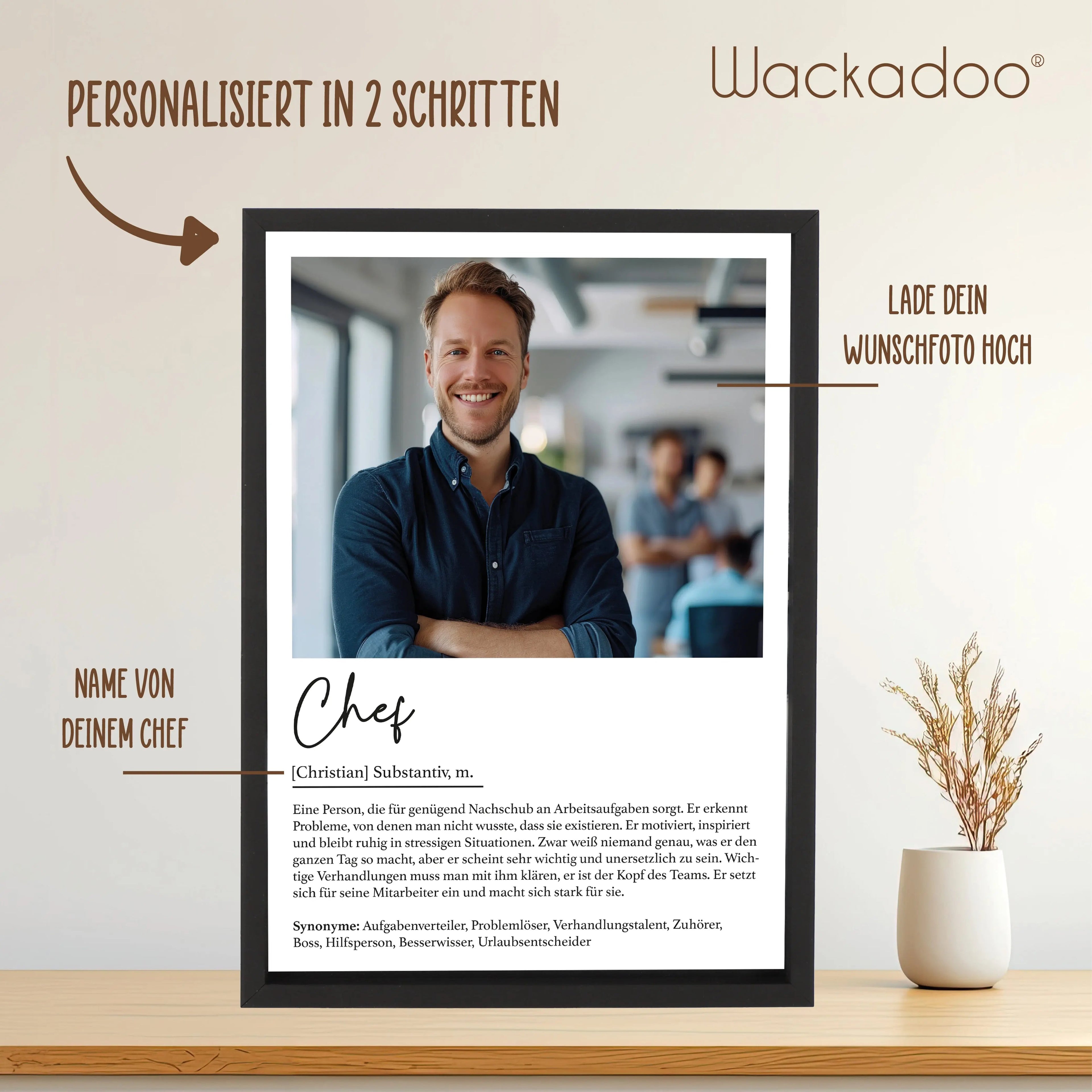 Wackadoo Poster Chef mit Foto und Namen Personalisiertes Geschenk inklusive Bilderrahmen aus Holz Geschenkideen