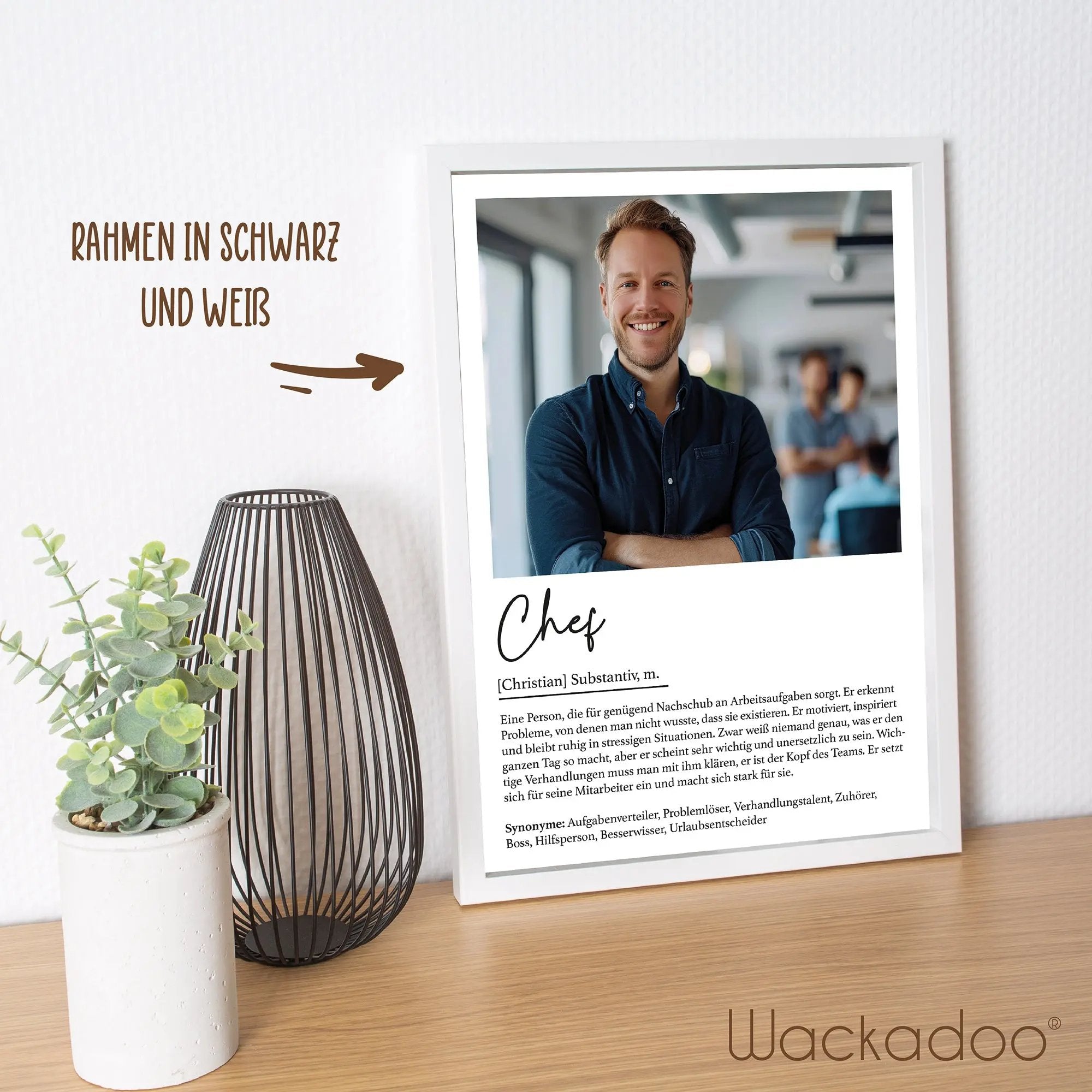Wackadoo Poster Chef mit Foto und Namen Personalisiertes Geschenk inklusive Bilderrahmen aus Holz Geschenkideen