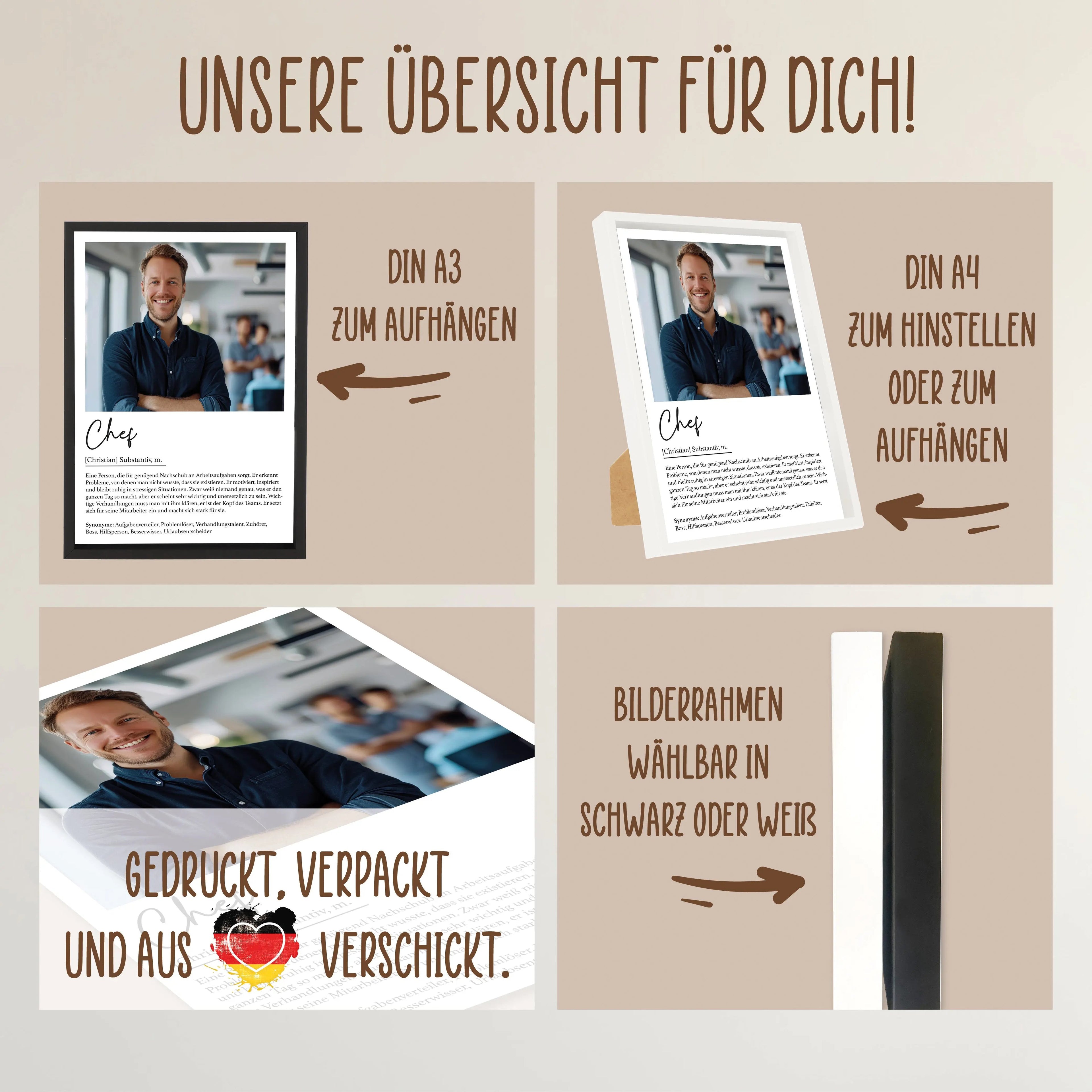 Wackadoo Poster Chef mit Foto und Namen Personalisiertes Geschenk inklusive Bilderrahmen aus Holz Geschenkideen