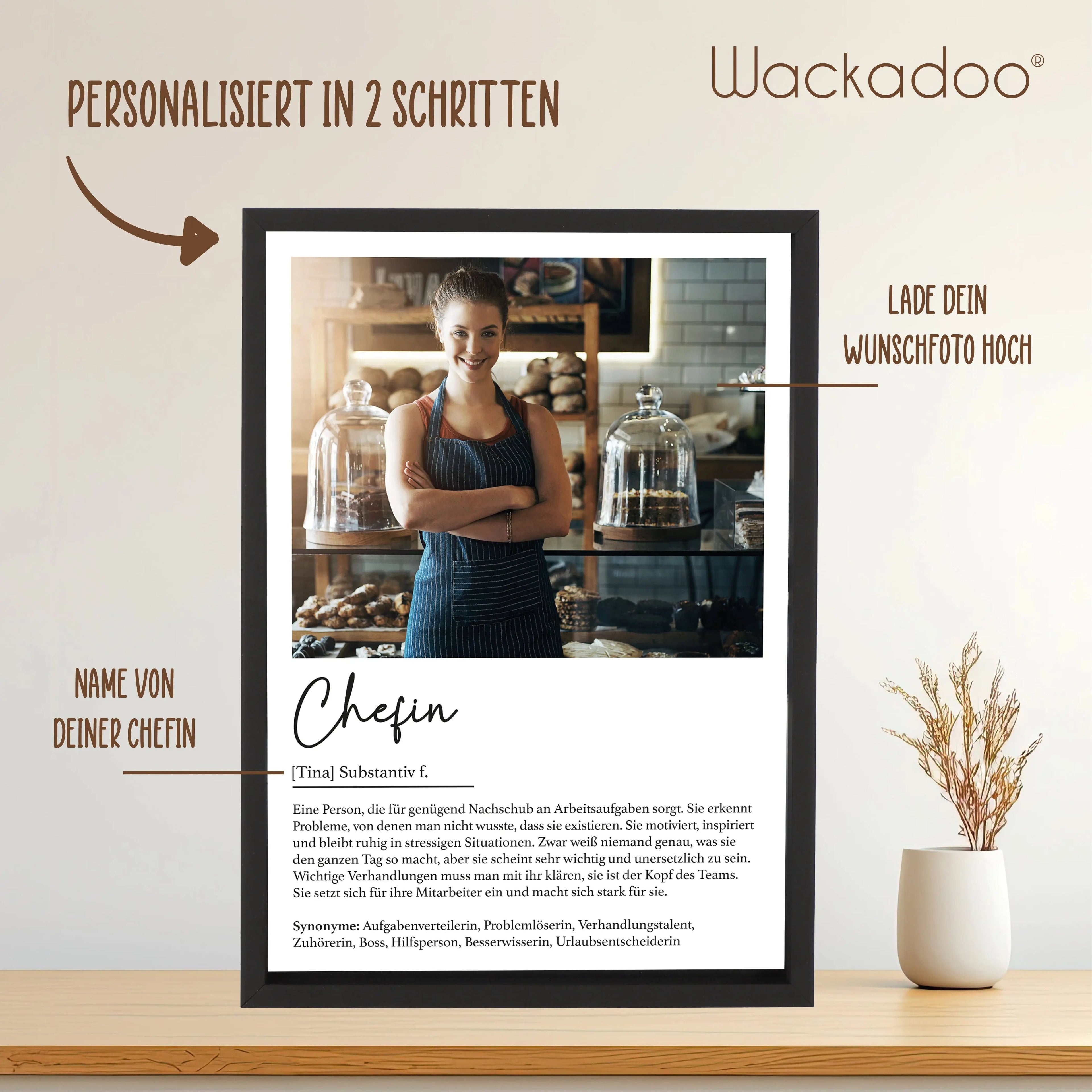 Wackadoo Poster Chefin mit Foto und Namen Personalisiertes Geschenk inklusive Bilderrahmen aus Holz Geschenkideen