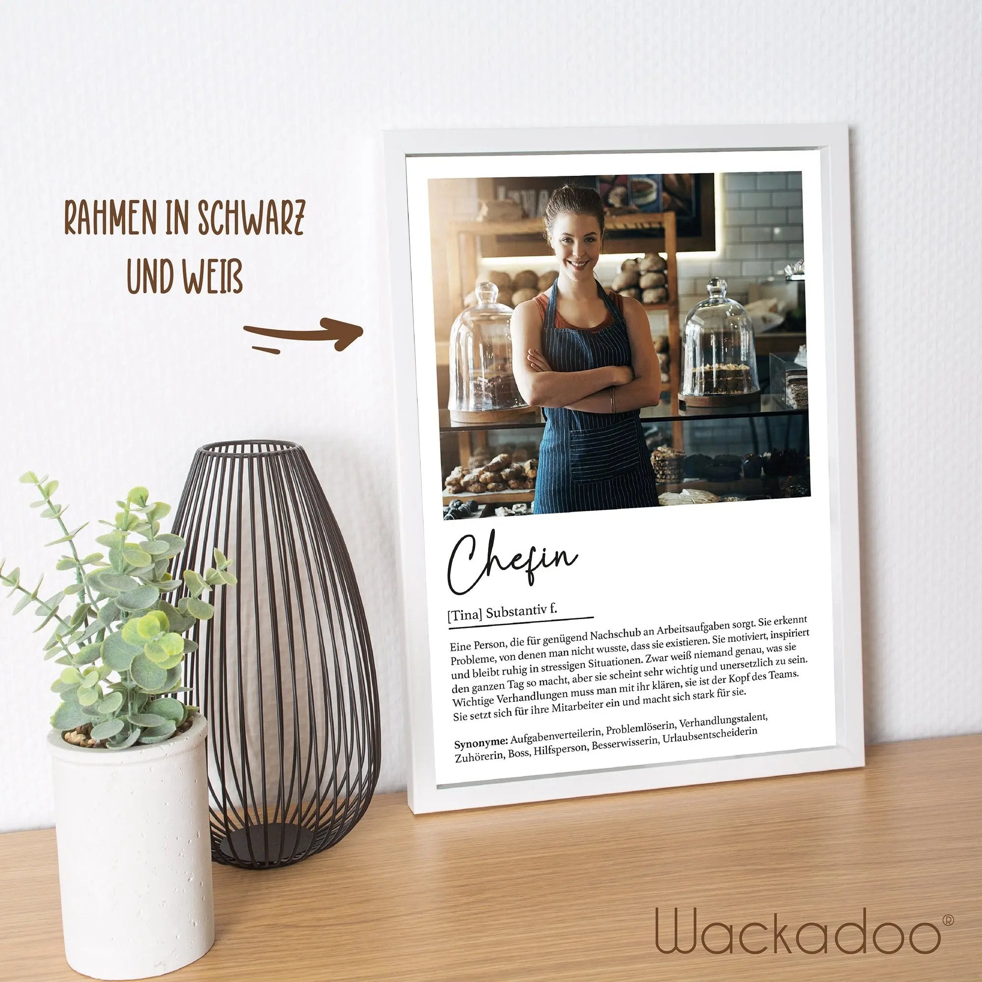 Wackadoo Poster Chefin mit Foto und Namen Personalisiertes Geschenk inklusive Bilderrahmen aus Holz Geschenkideen