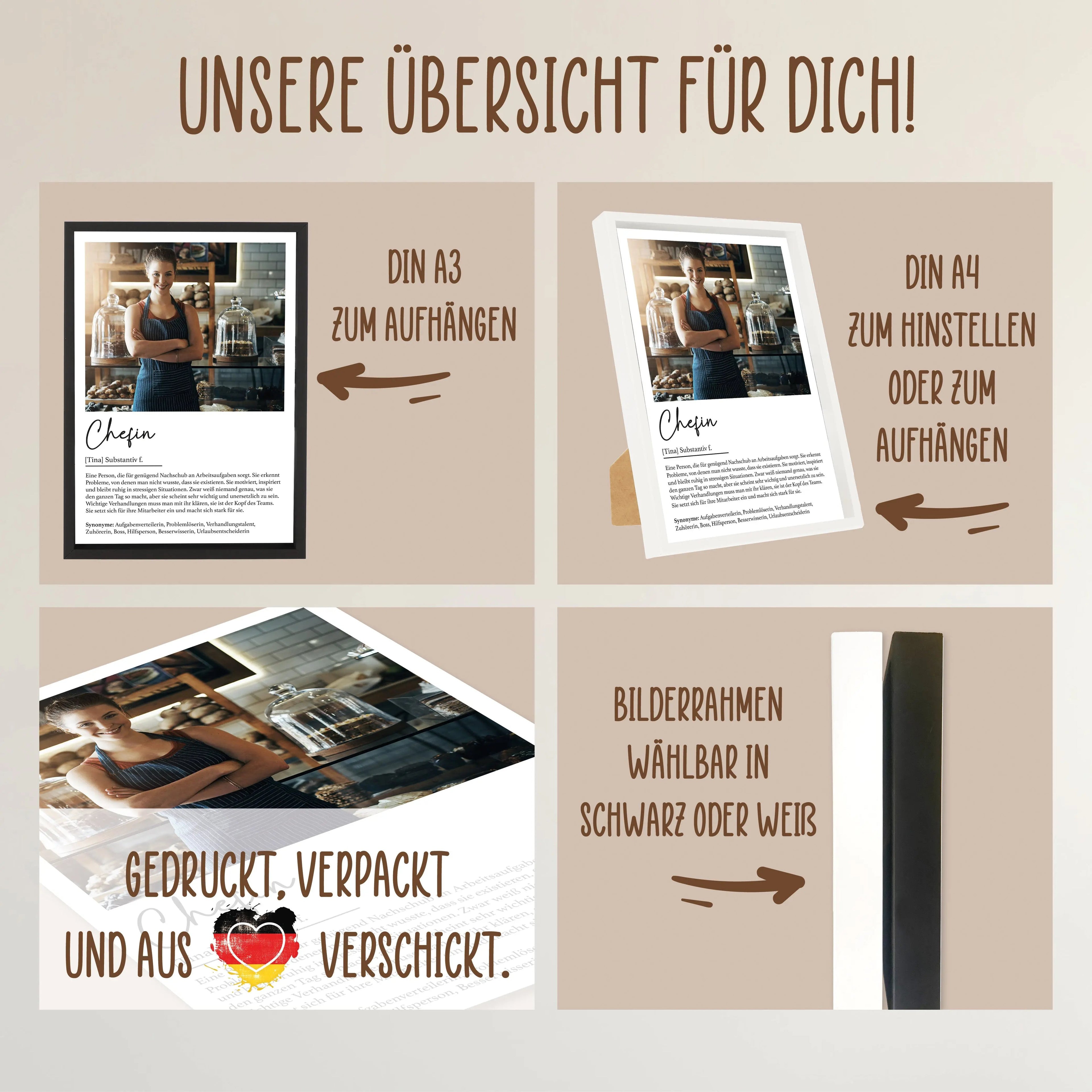 Wackadoo Poster Chefin mit Foto und Namen Personalisiertes Geschenk inklusive Bilderrahmen aus Holz Geschenkideen