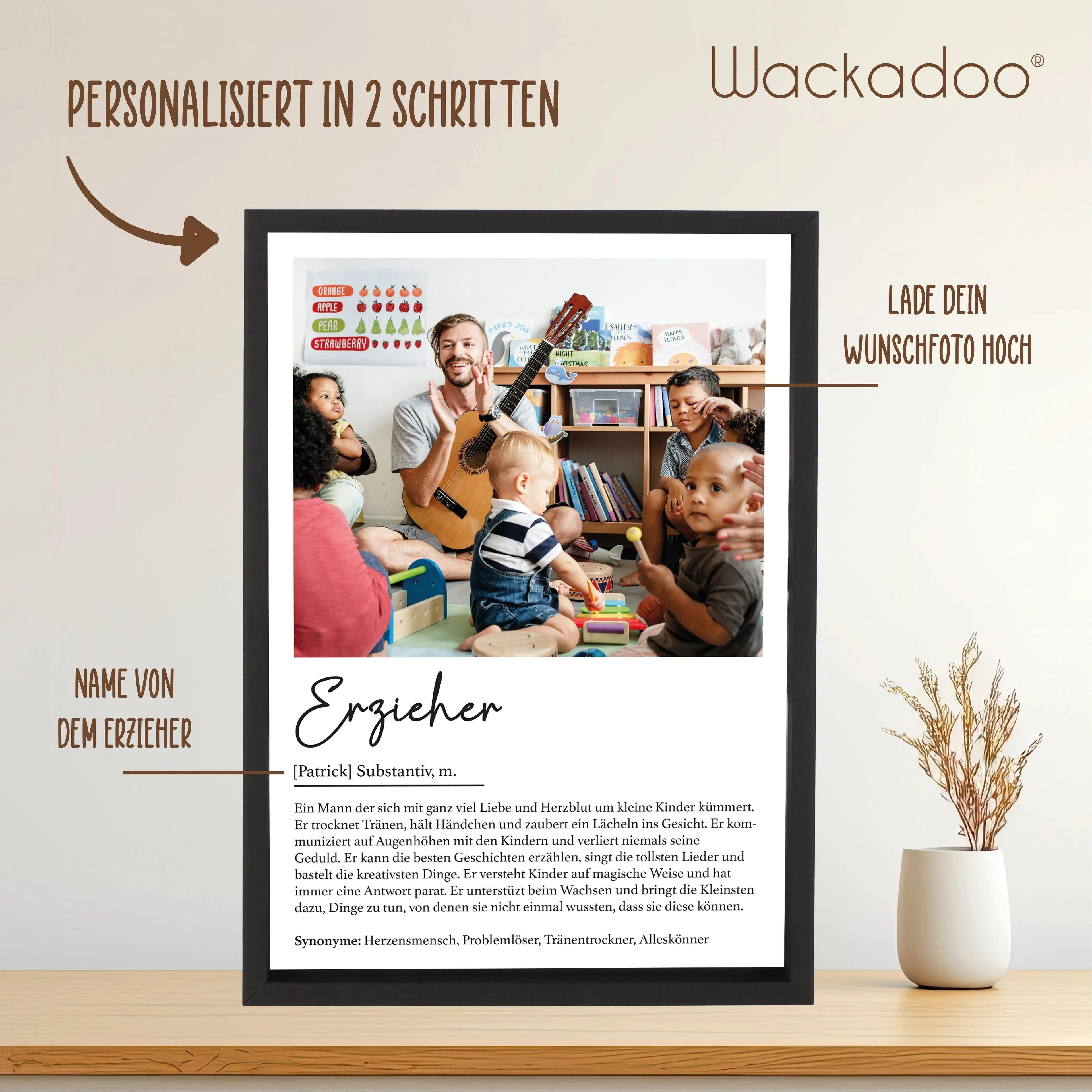 Wackadoo Poster Erzieher mit Foto und Namen Personalisiertes Geschenk inklusive Bilderrahmen aus Holz Geschenkideen