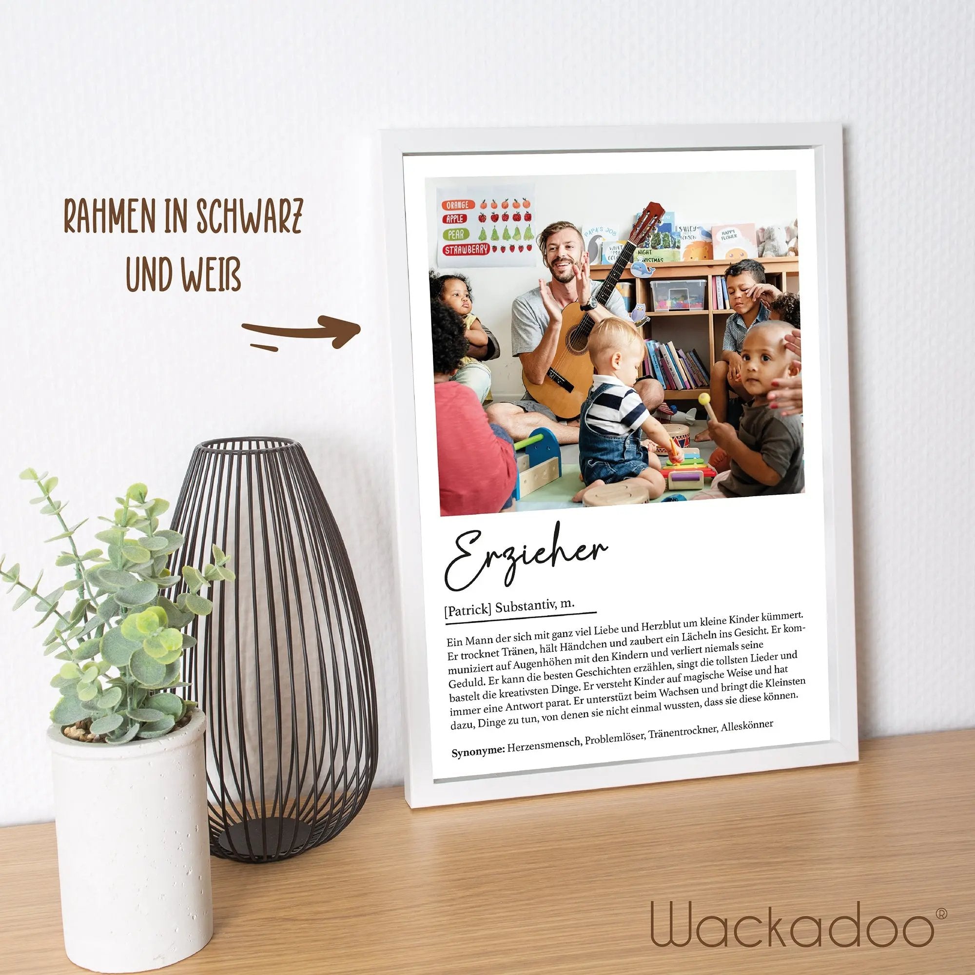 Wackadoo Poster Erzieher mit Foto und Namen Personalisiertes Geschenk inklusive Bilderrahmen aus Holz Geschenkideen
