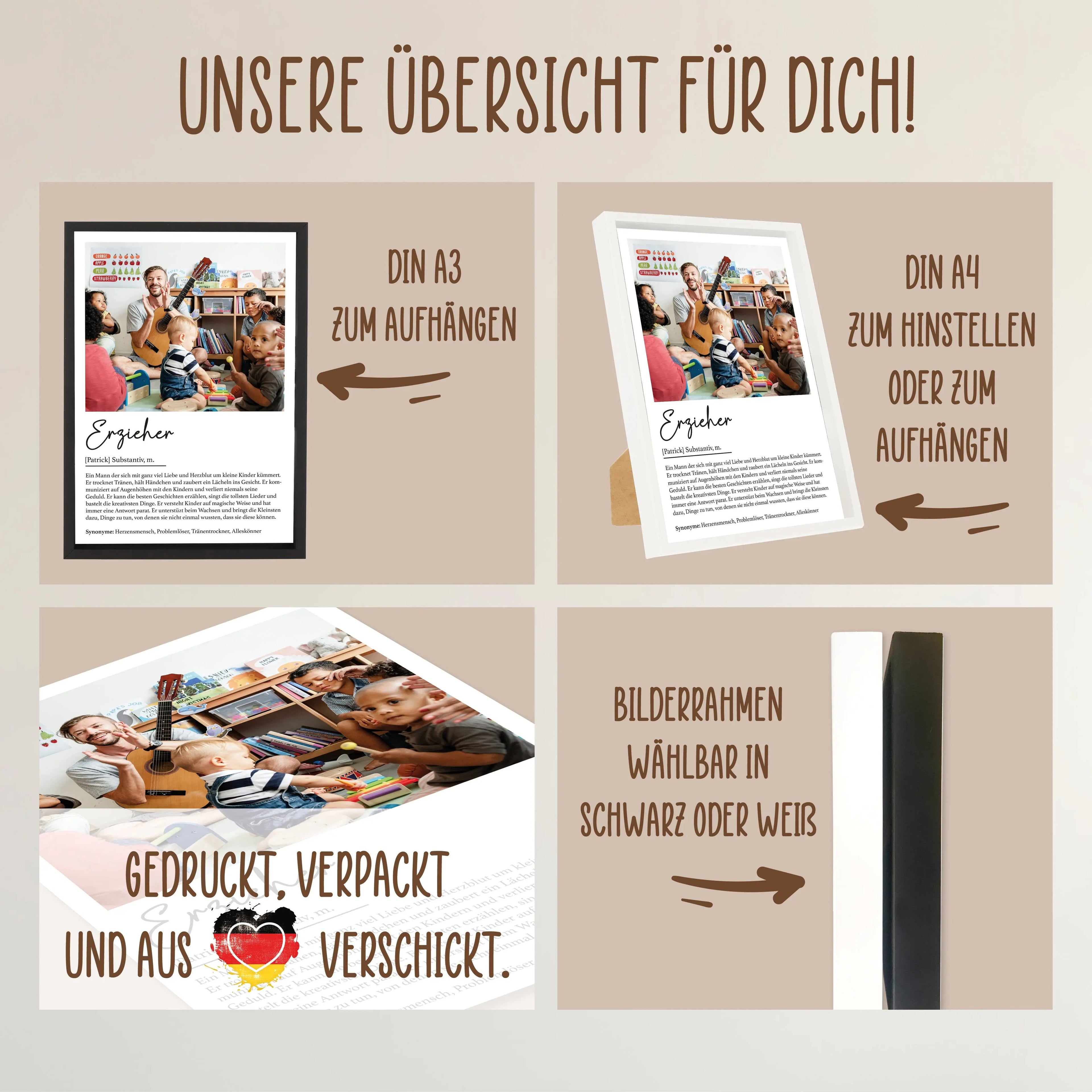Wackadoo Poster Erzieher mit Foto und Namen Personalisiertes Geschenk inklusive Bilderrahmen aus Holz Geschenkideen