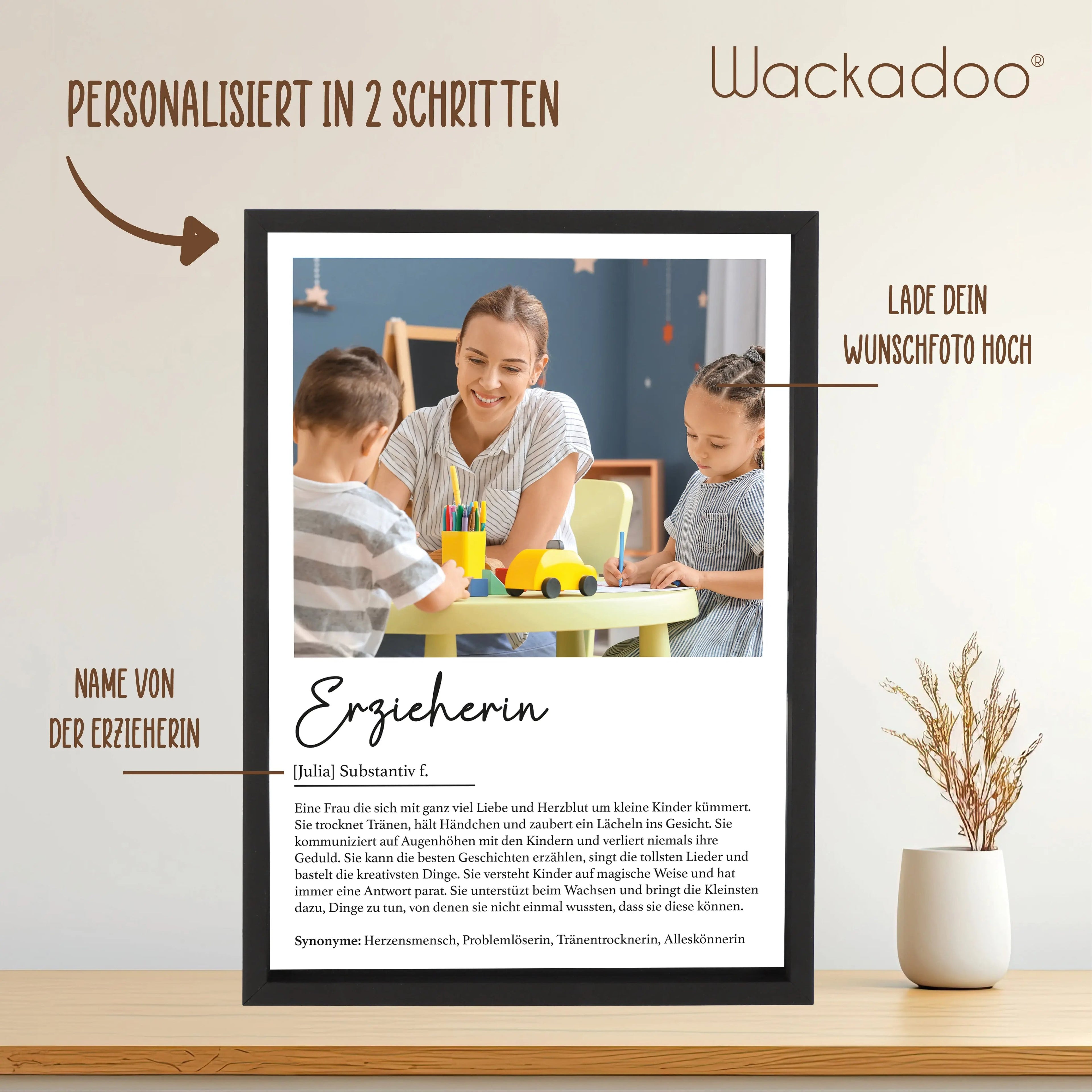 Wackadoo Poster Erzieherin mit Foto und Namen Personalisiertes Geschenk inklusive Bilderrahmen aus Holz Geschenkideen