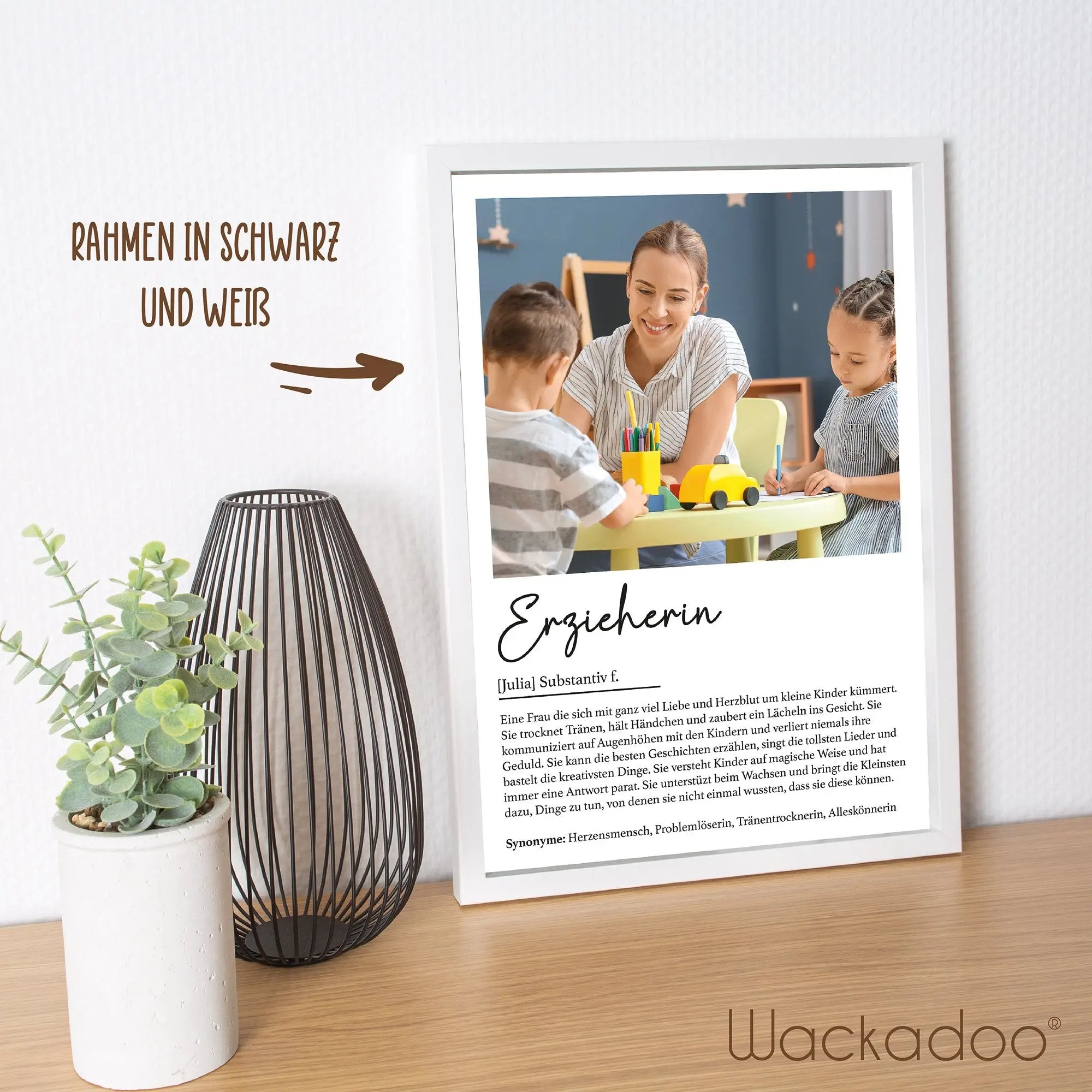 Wackadoo Poster Erzieherin mit Foto und Namen Personalisiertes Geschenk inklusive Bilderrahmen aus Holz Geschenkideen