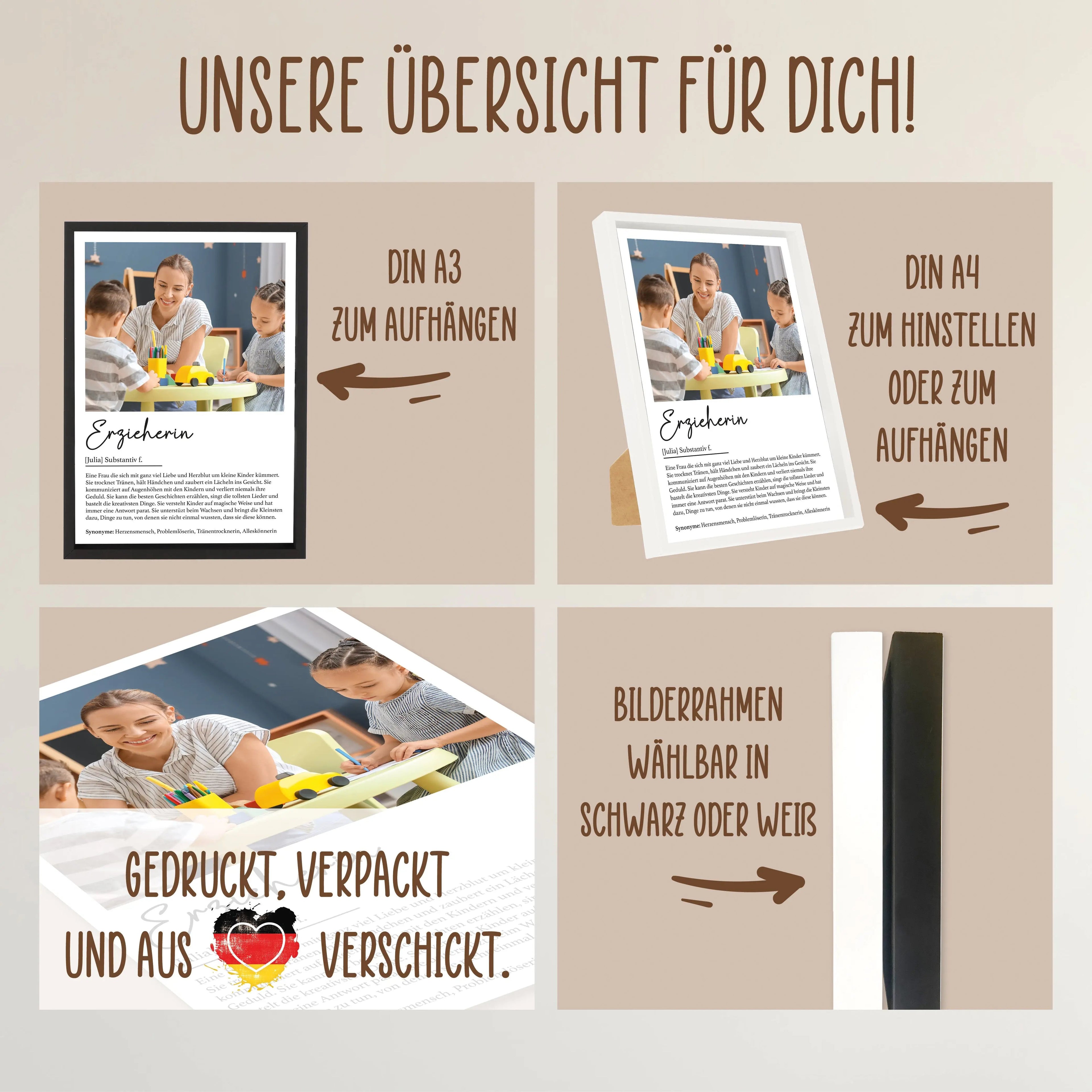 Wackadoo Poster Erzieherin mit Foto und Namen Personalisiertes Geschenk inklusive Bilderrahmen aus Holz Geschenkideen