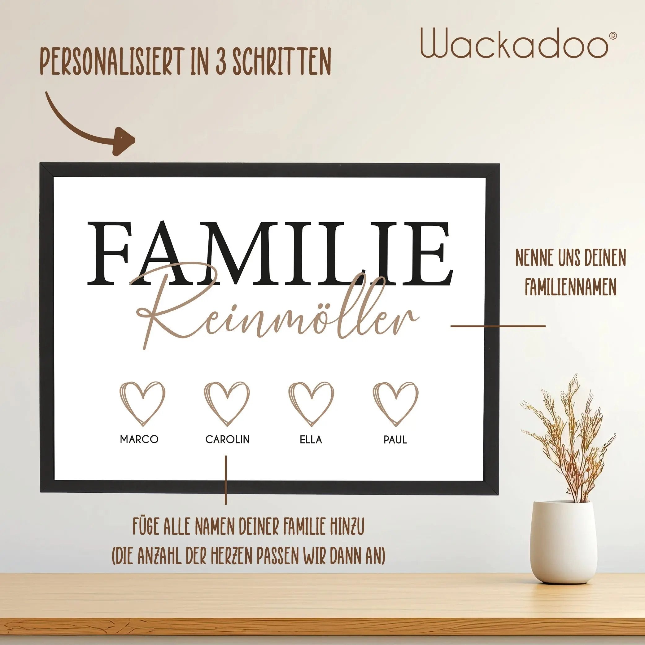 Wackadoo Poster Familie mit Herzen und Namen Personalisiertes Geschenk inklusive Bilderrahmen aus Holz Geschenkideen