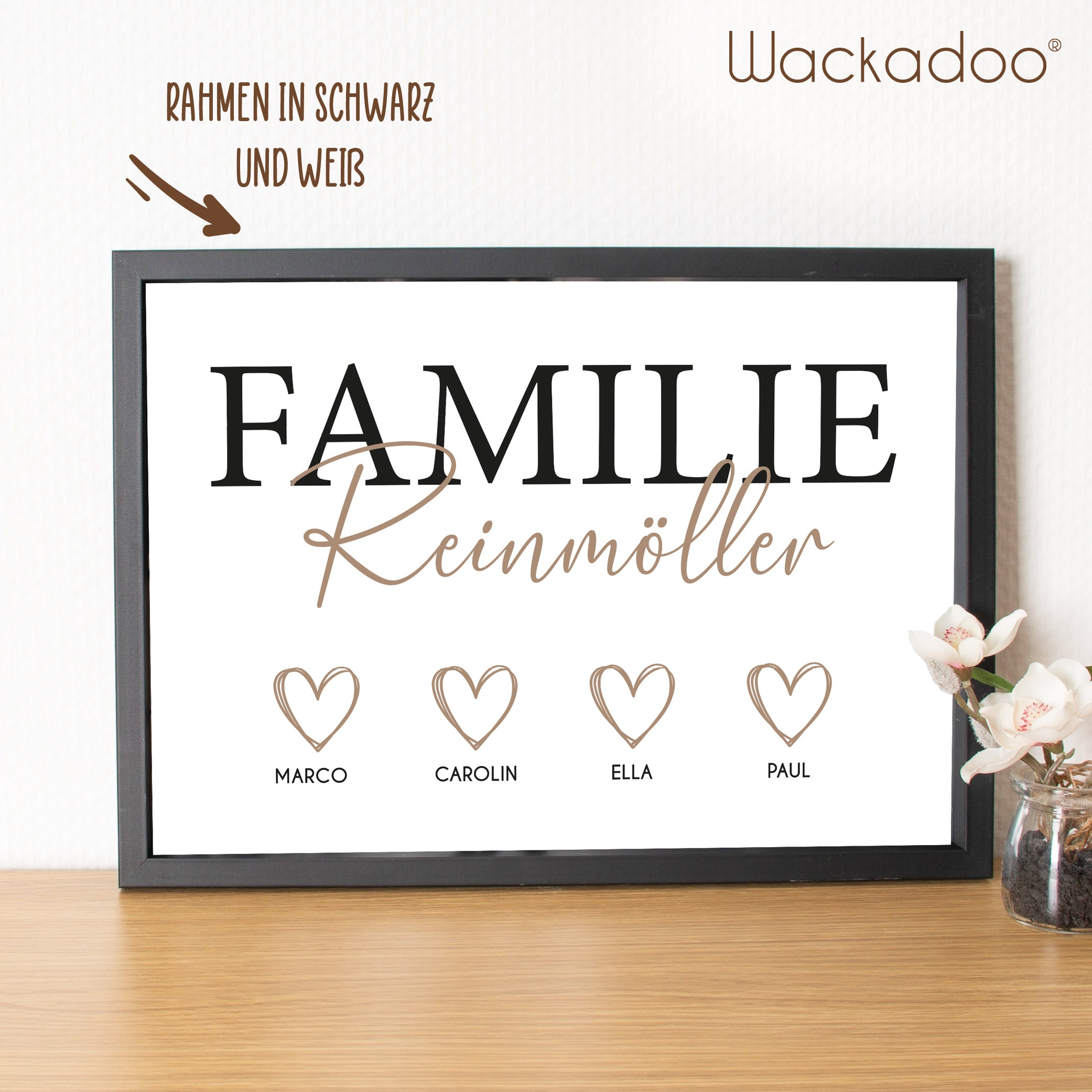 Wackadoo Poster Familie mit Herzen und Namen Personalisiertes Geschenk inklusive Bilderrahmen aus Holz