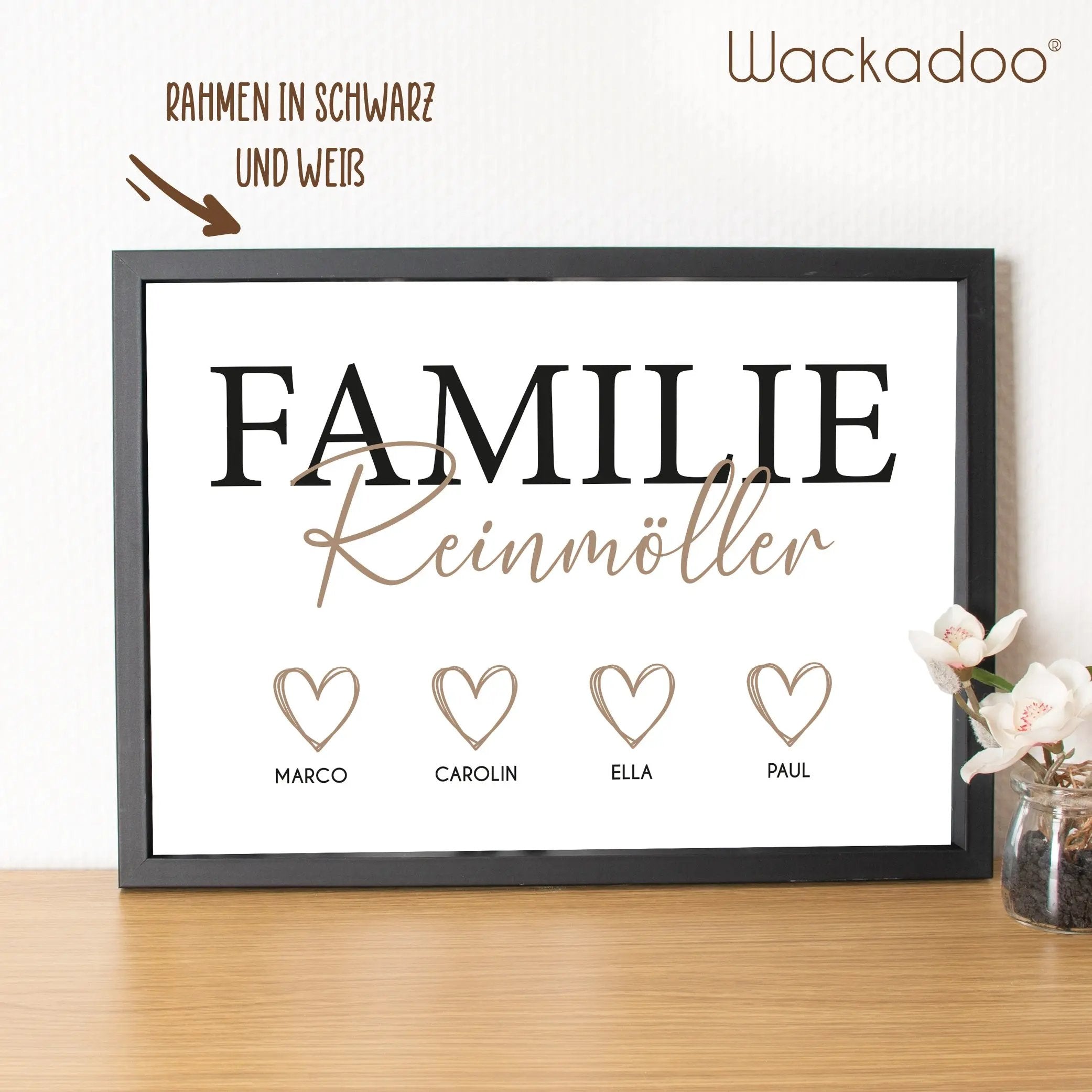Wackadoo Poster Familie mit Herzen und Namen Personalisiertes Geschenk inklusive Bilderrahmen aus Holz Geschenkideen