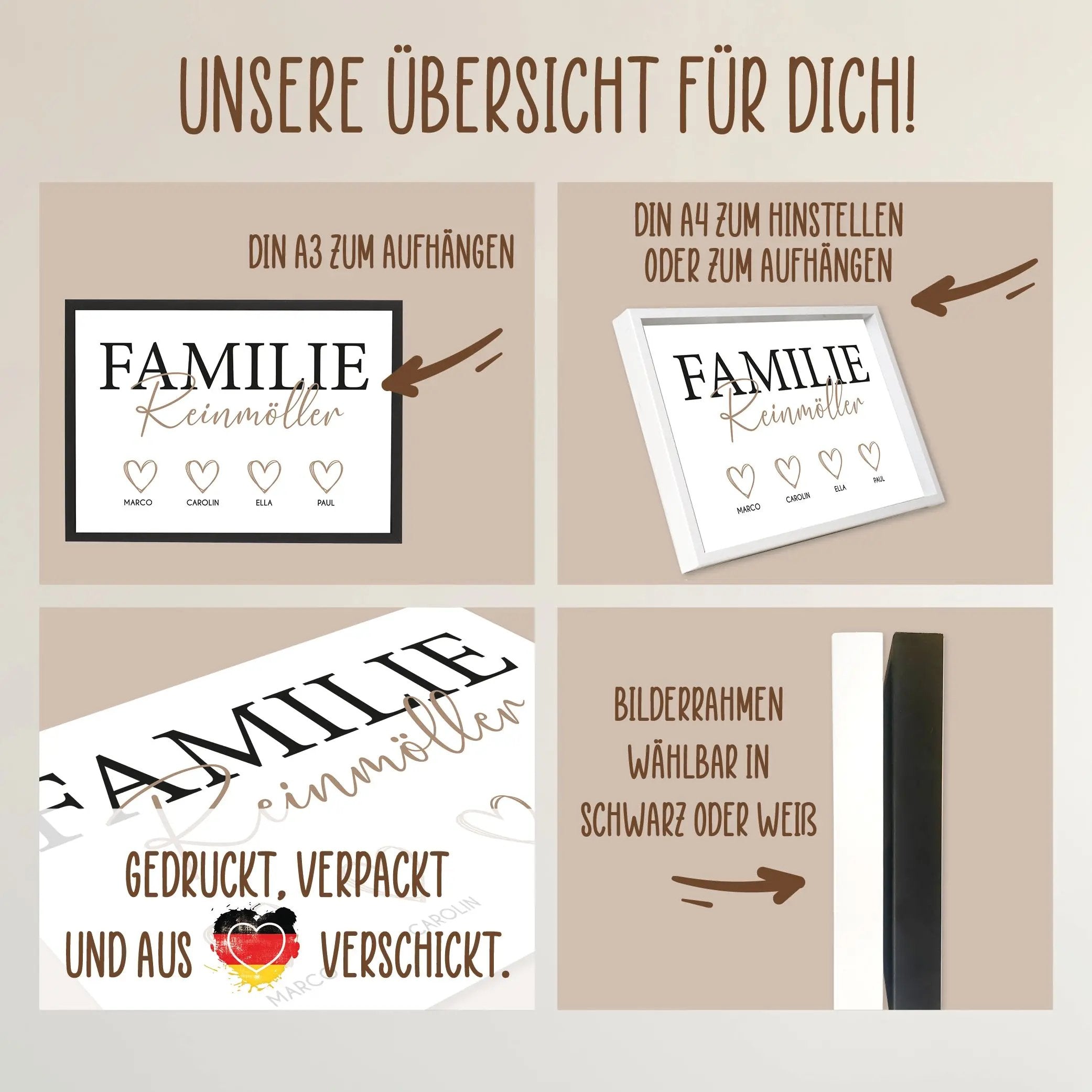 Wackadoo Poster Familie mit Herzen und Namen Personalisiertes Geschenk inklusive Bilderrahmen aus Holz Geschenkideen