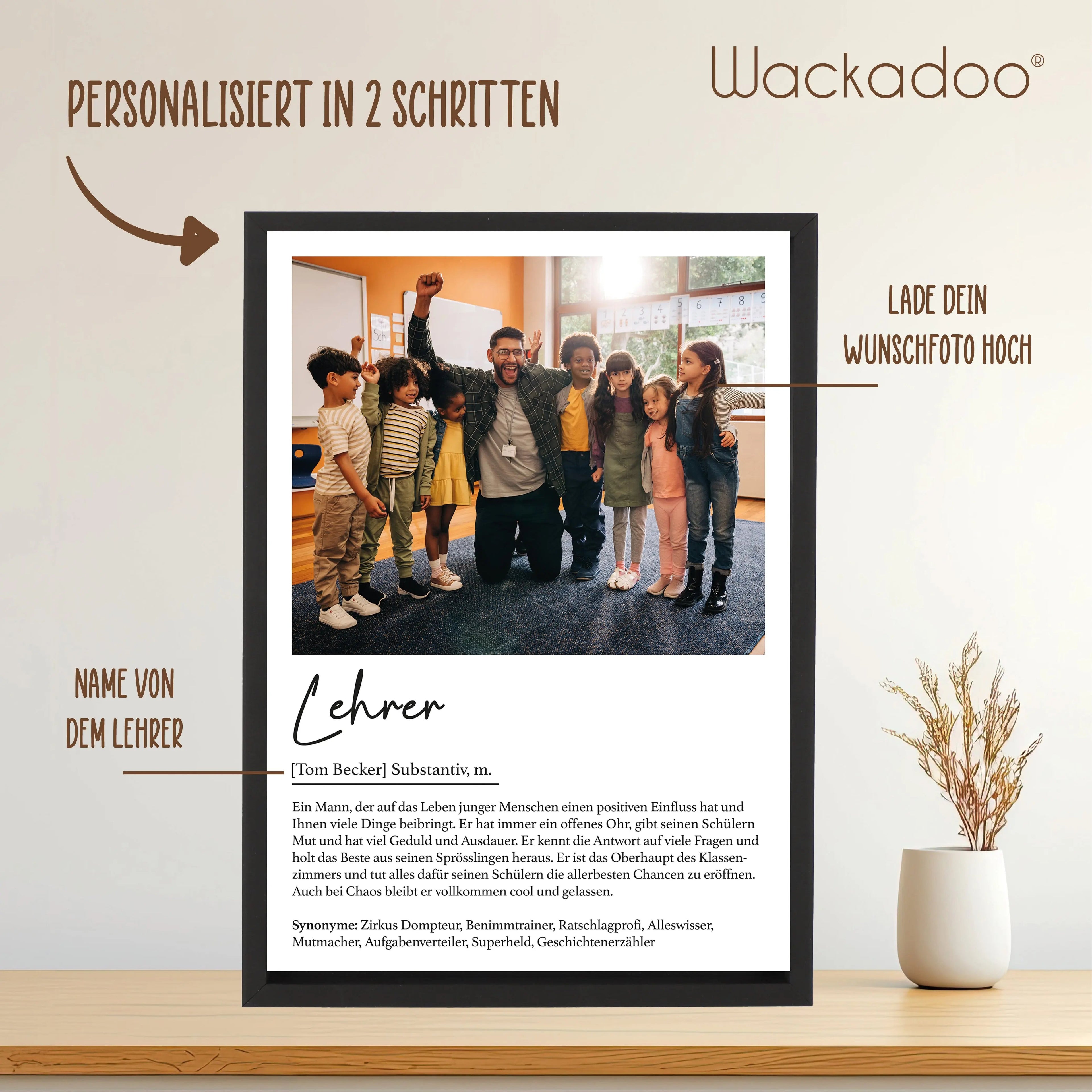 Wackadoo Poster Lehrer mit Foto und Namen Personalisiertes Geschenk inklusive Bilderrahmen aus Holz Geschenkideen