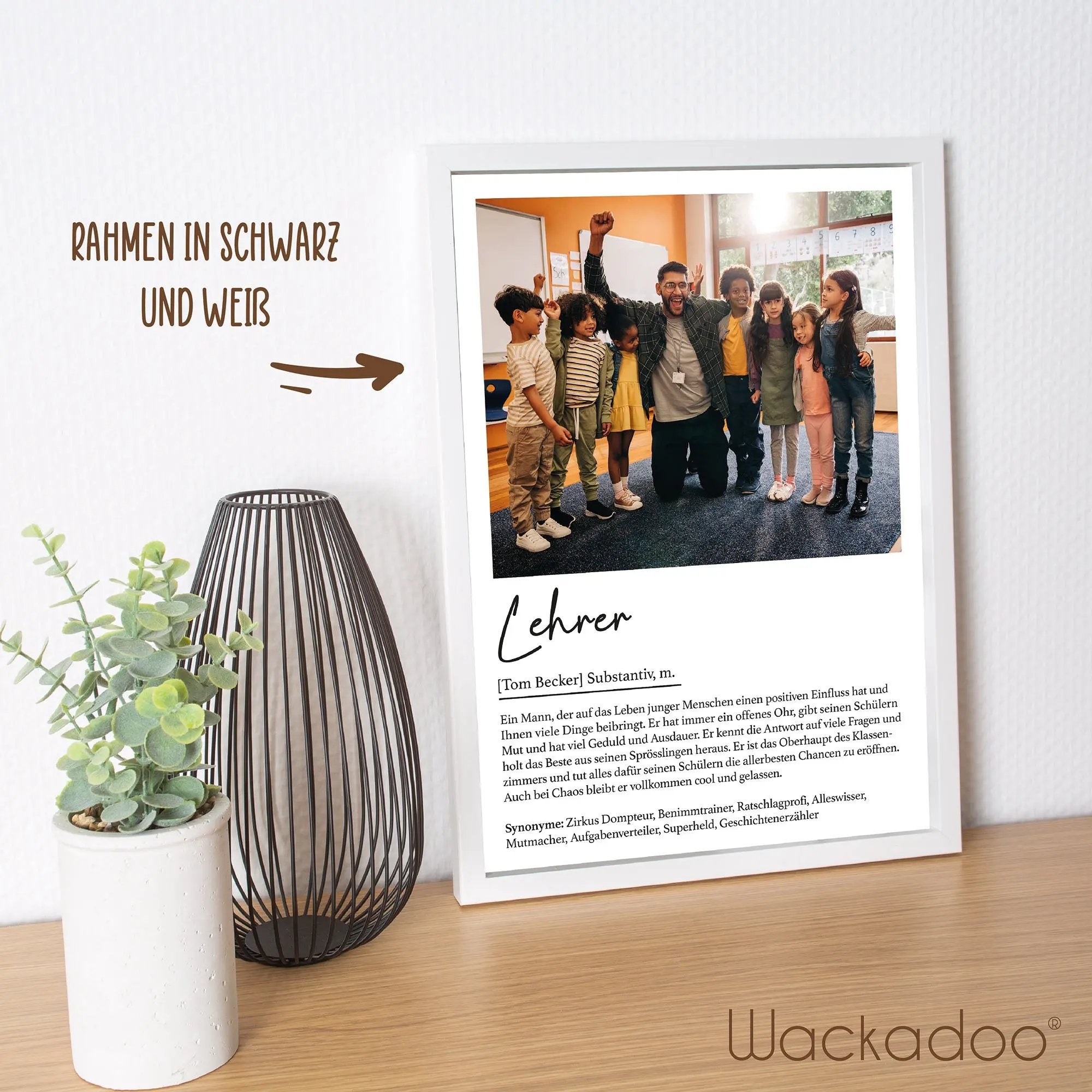 Wackadoo Poster Lehrer mit Foto und Namen Personalisiertes Geschenk inklusive Bilderrahmen aus Holz Geschenkideen
