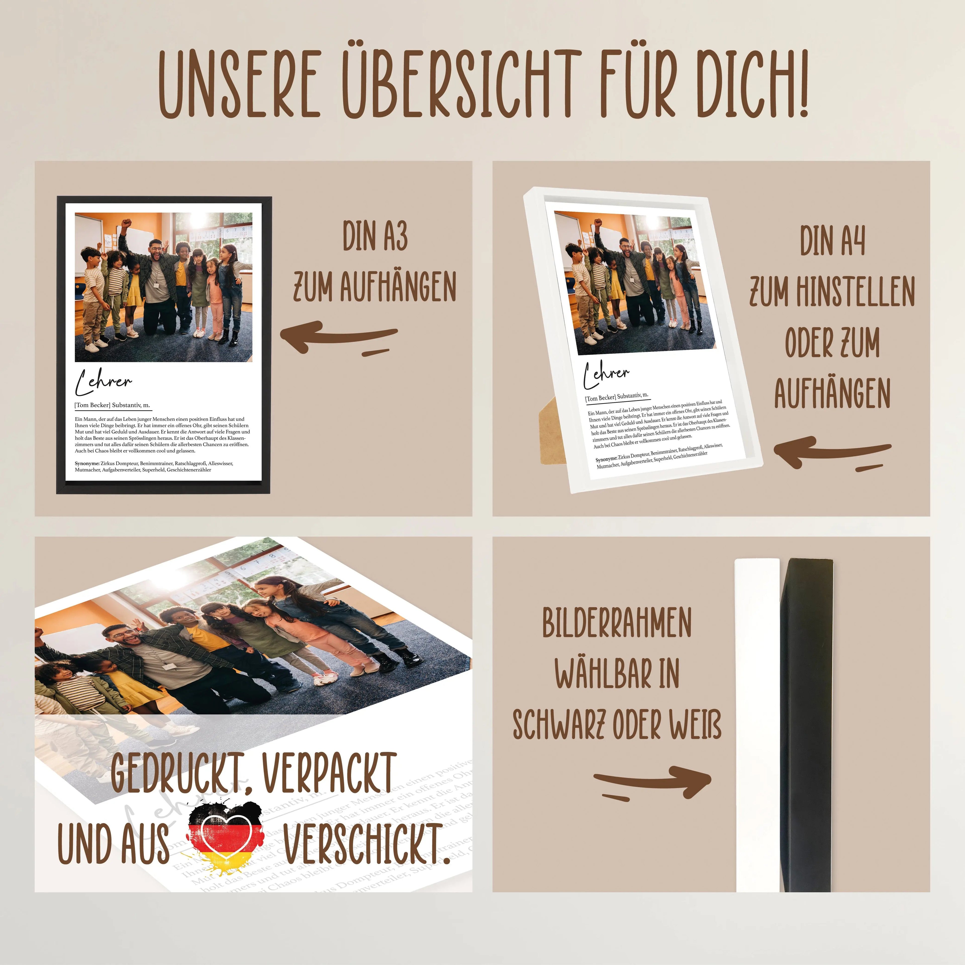 Wackadoo Poster Lehrer mit Foto und Namen Personalisiertes Geschenk inklusive Bilderrahmen aus Holz Geschenkideen