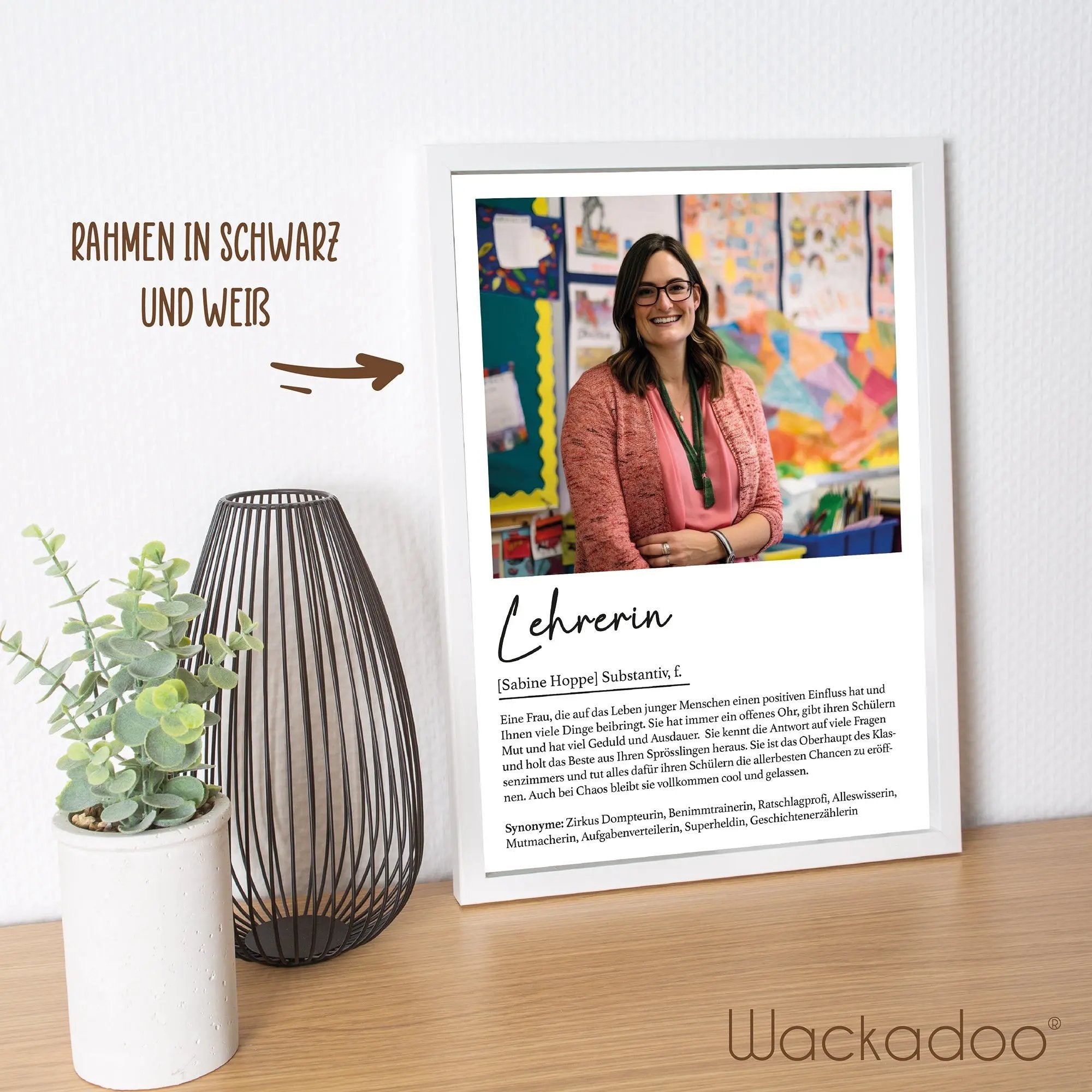 Wackadoo Poster Lehrerin mit Foto und Namen Personalisiertes Geschenk inklusive Bilderrahmen aus Holz Geschenkideen