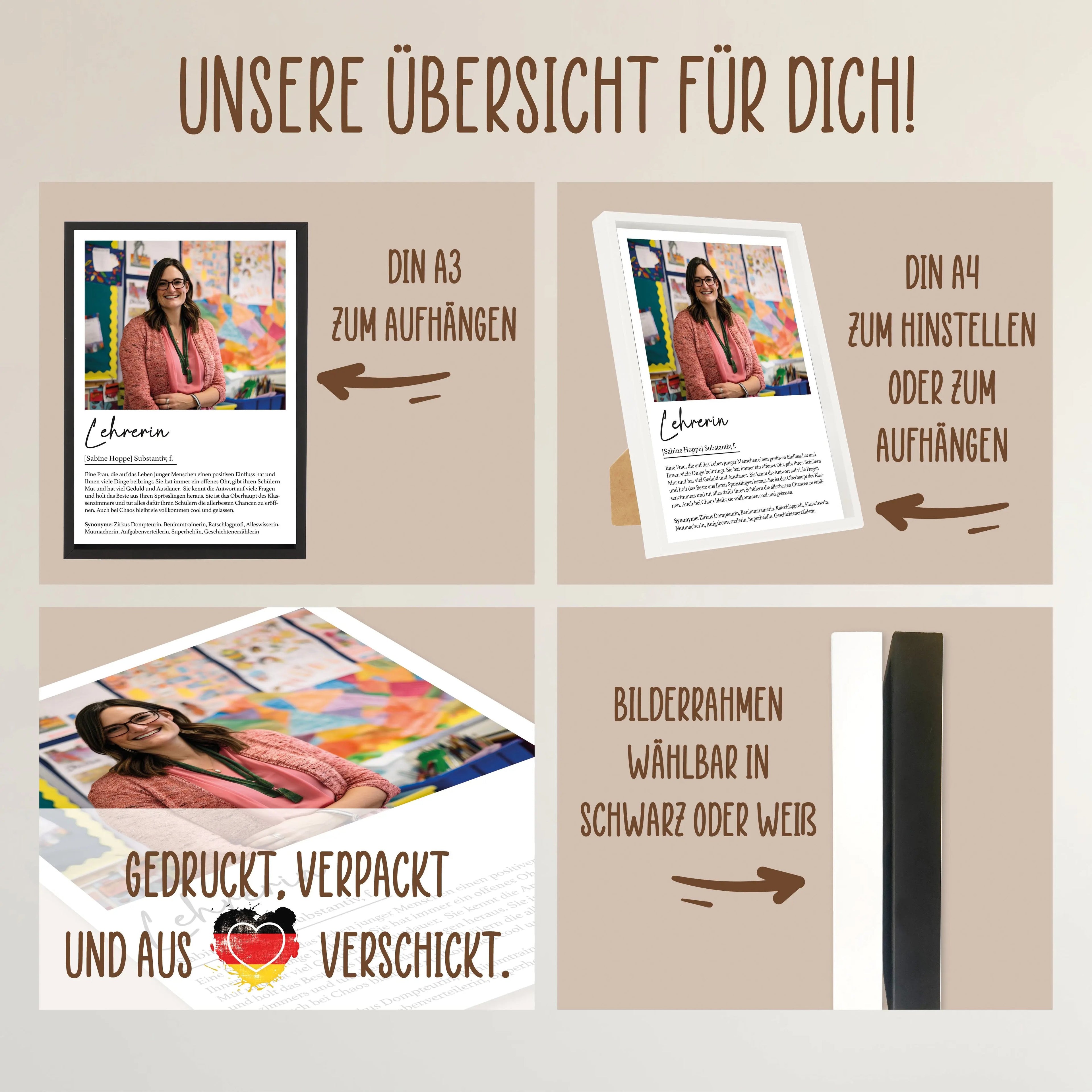 Wackadoo Poster Lehrerin mit Foto und Namen Personalisiertes Geschenk inklusive Bilderrahmen aus Holz Geschenkideen