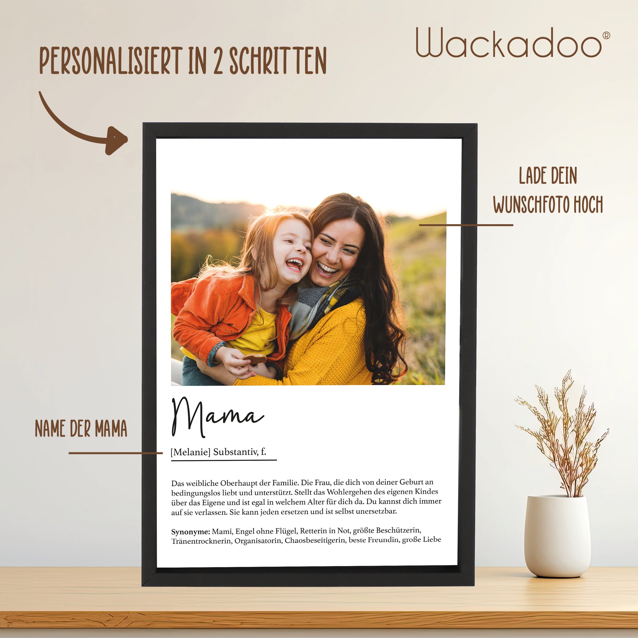 Wackadoo Poster Mama mit Foto und Namen Personalisiertes Geschenk Muttertag inklusive Bilderrahmen aus Holz