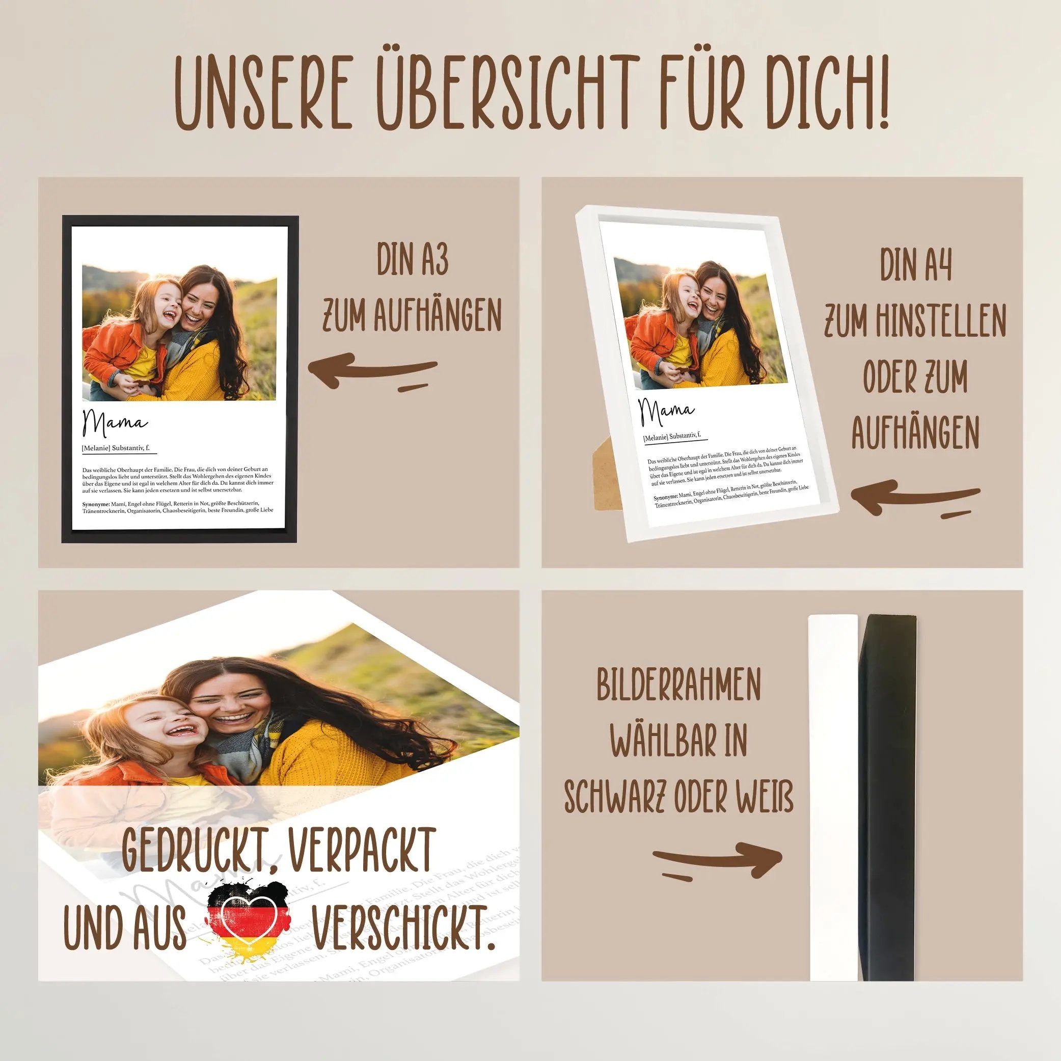 Wackadoo Poster Mama mit Foto und Namen Personalisiertes Geschenk Muttertag inklusive Bilderrahmen aus Holz Geschenkideen