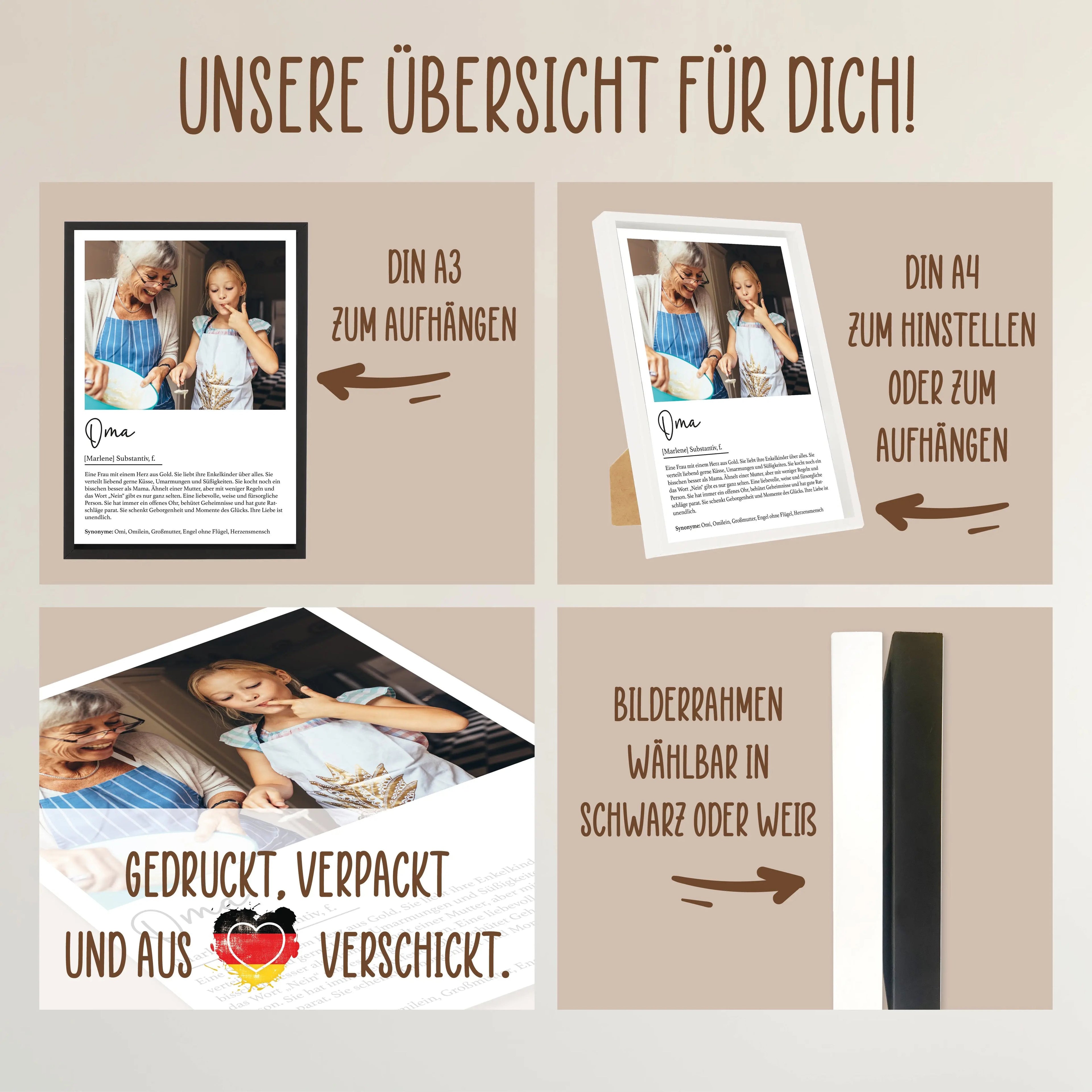 Wackadoo Poster Oma mit Foto und Namen Personalisiertes Geschenk inklusive Bilderrahmen aus Holz Geschenkideen