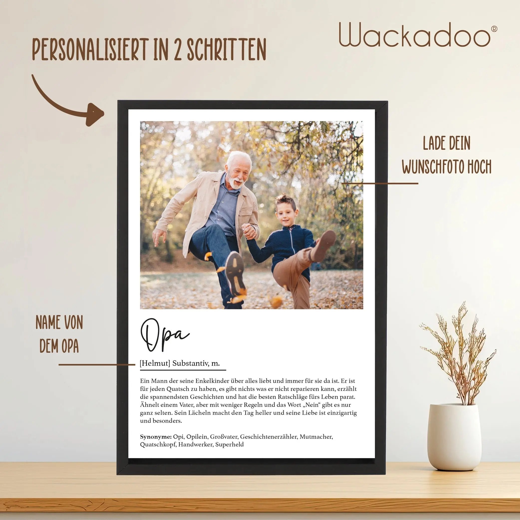 Wackadoo Poster Opa mit Foto und Namen Personalisiertes Geschenk inklusive Bilderrahmen aus Holz Geschenkideen