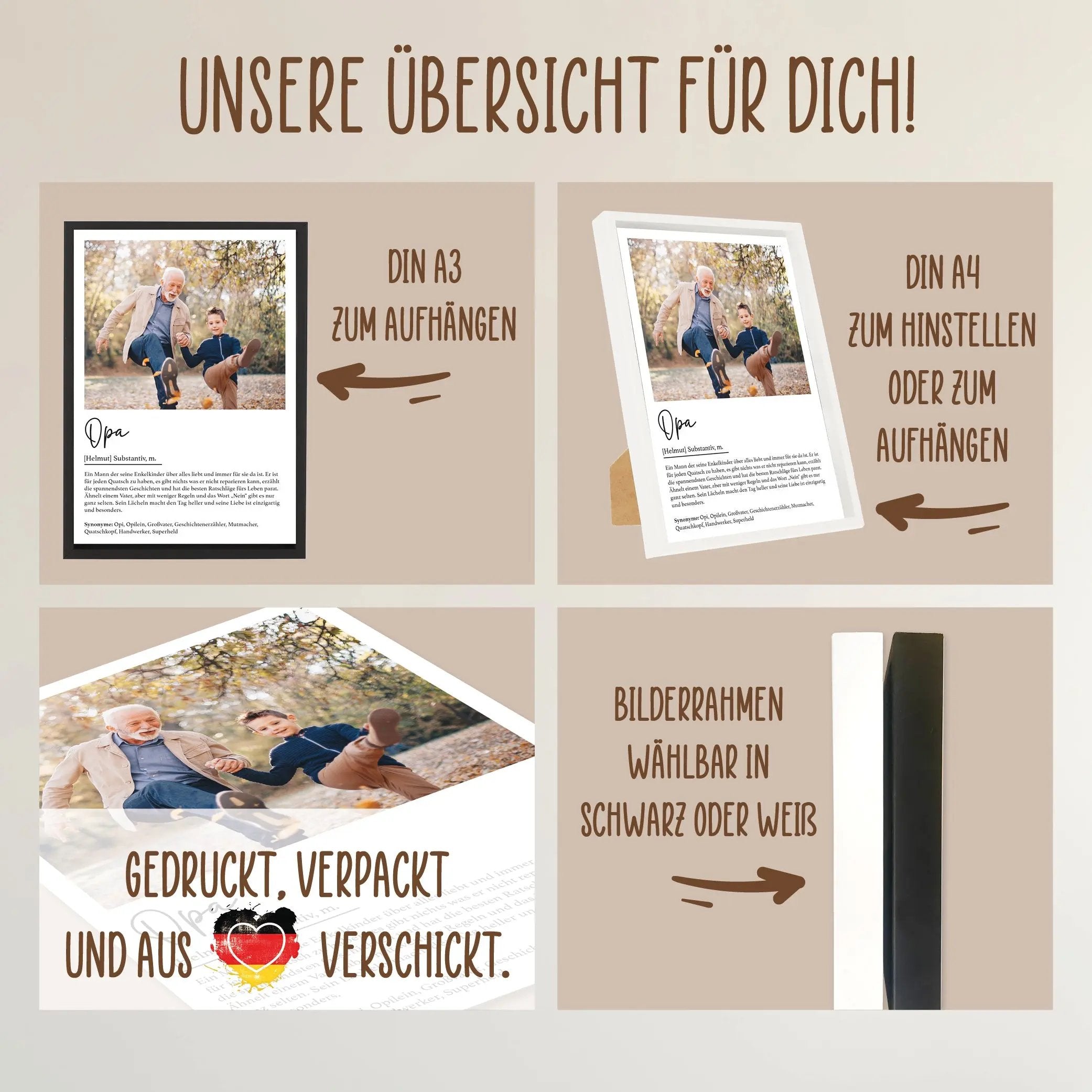 Wackadoo Poster Opa mit Foto und Namen Personalisiertes Geschenk inklusive Bilderrahmen aus Holz Geschenkideen