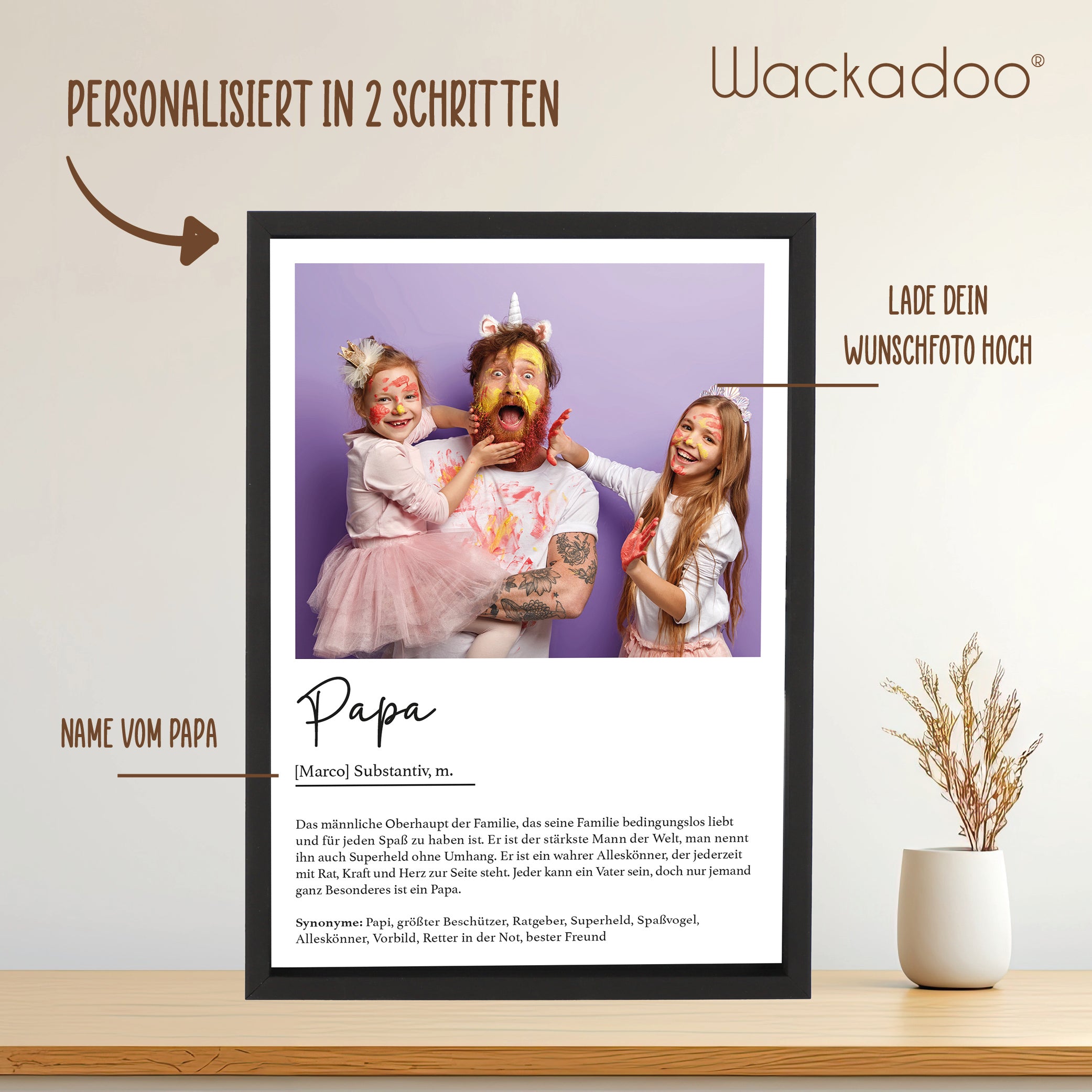 Wackadoo Poster Papa mit Foto und Namen Personalisiertes Geschenk Vatertag inklusive Bilderrahmen aus Holz