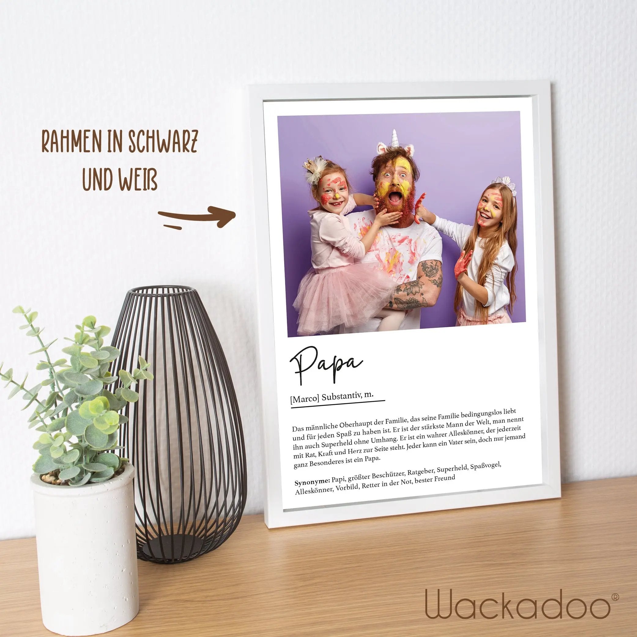 Wackadoo Poster Papa mit Foto und Namen Personalisiertes Geschenk Vatertag inklusive Bilderrahmen aus Holz Geschenkideen