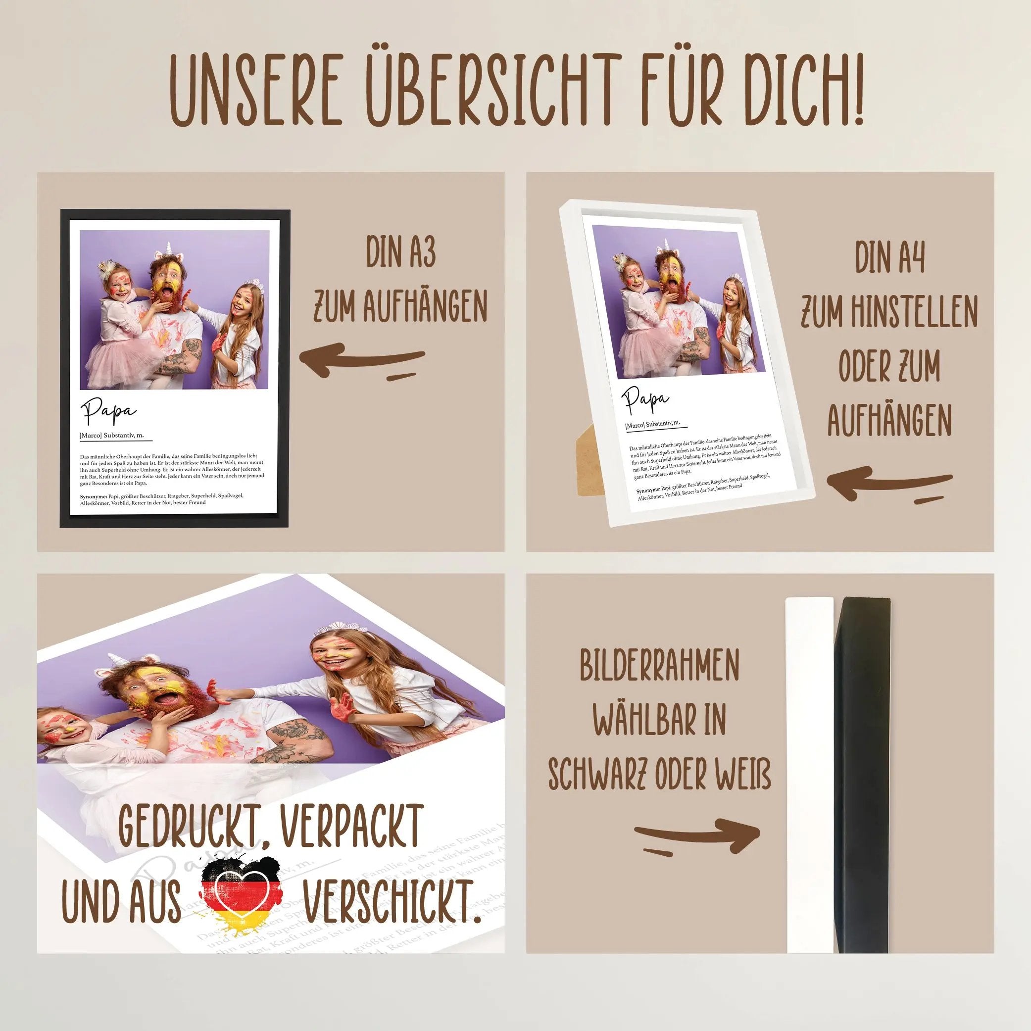 Wackadoo Poster Papa mit Foto und Namen Personalisiertes Geschenk Vatertag inklusive Bilderrahmen aus Holz Geschenkideen