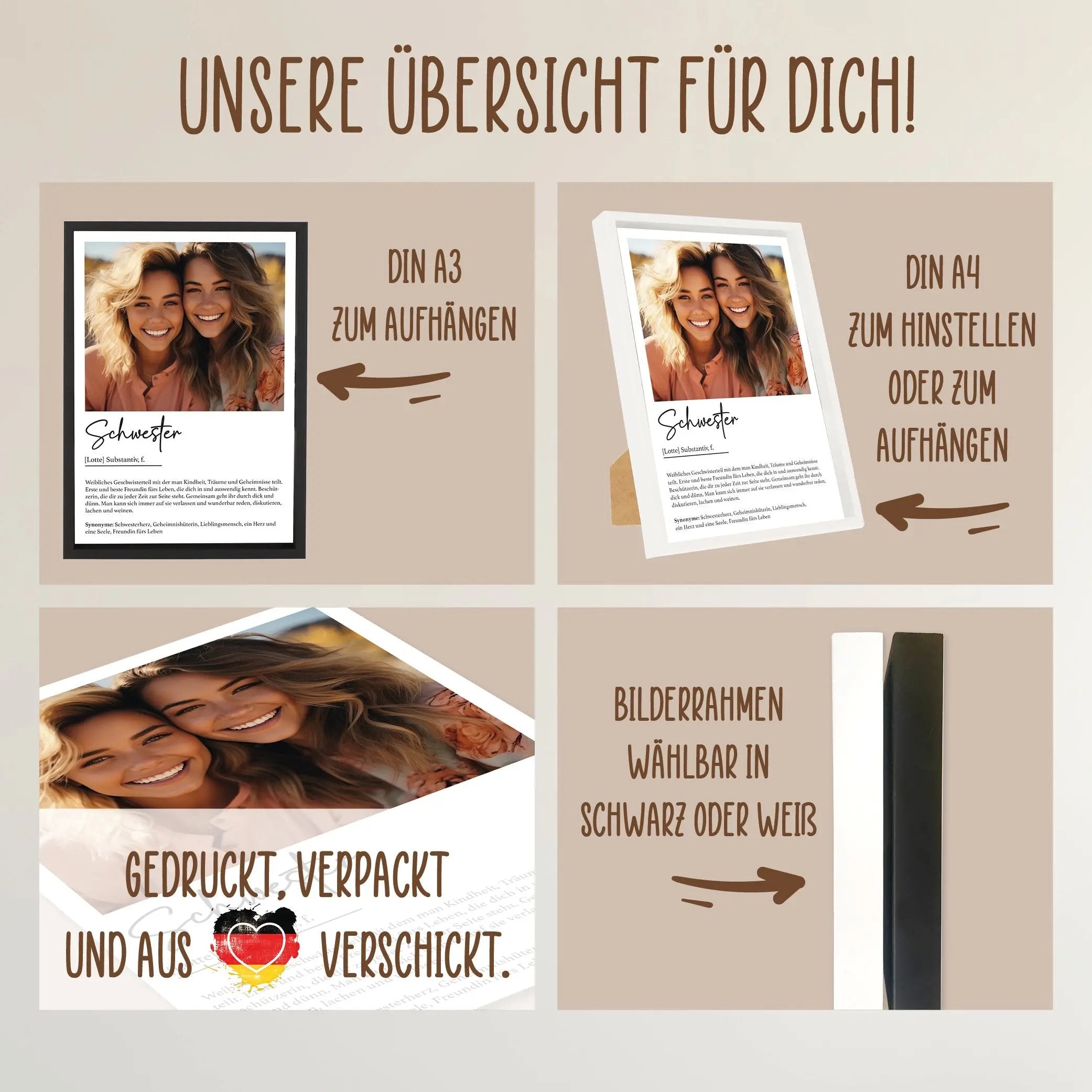 Wackadoo Poster Schwester mit Foto und Namen Personalisiertes Geschenk inklusive Bilderrahmen aus Holz Geschenkideen